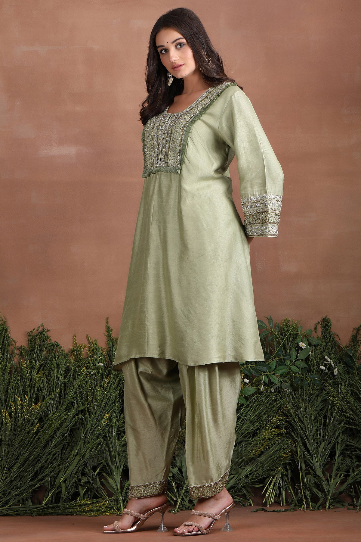 Olive Embroidered Kurta Set