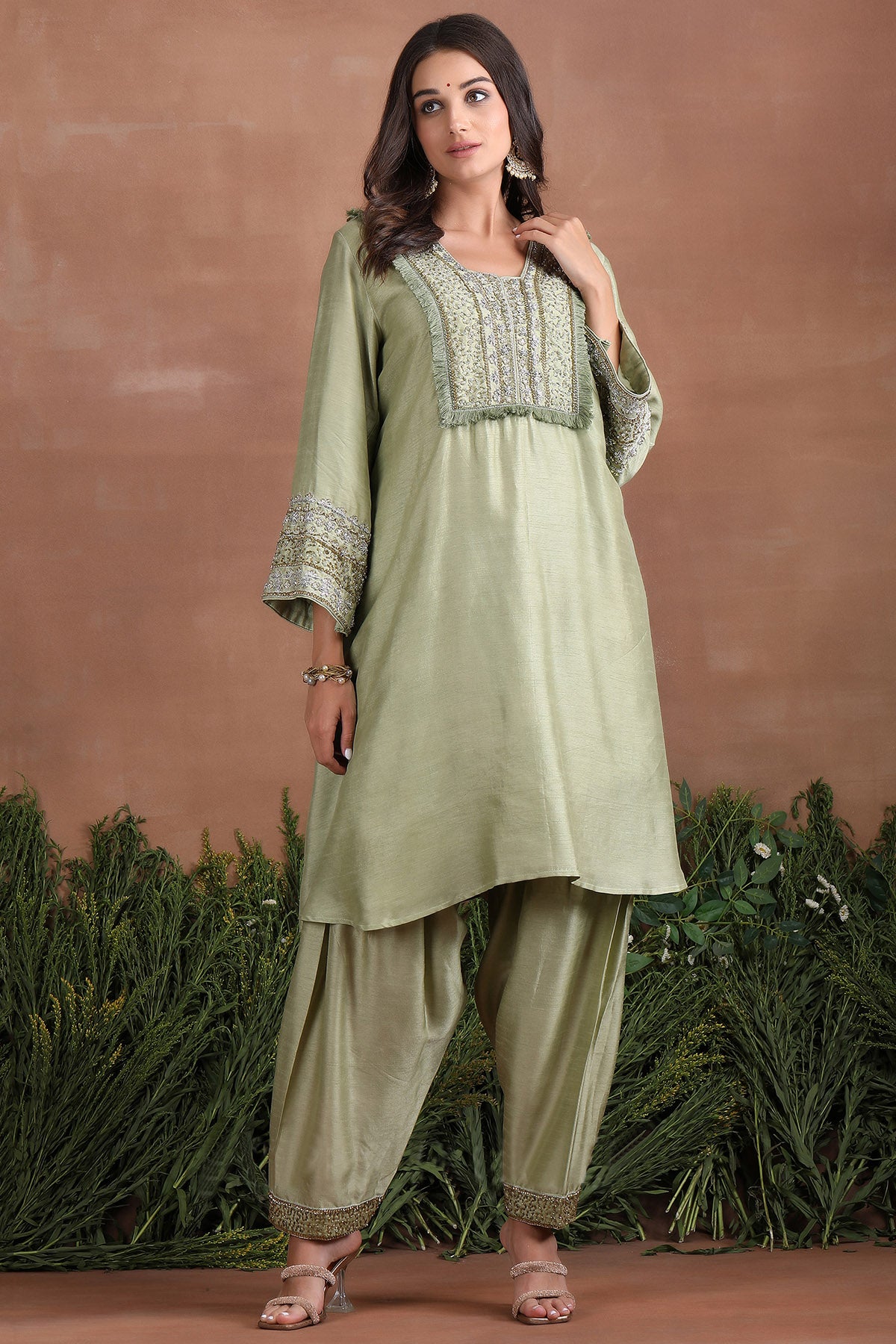 Olive Embroidered Kurta Set
