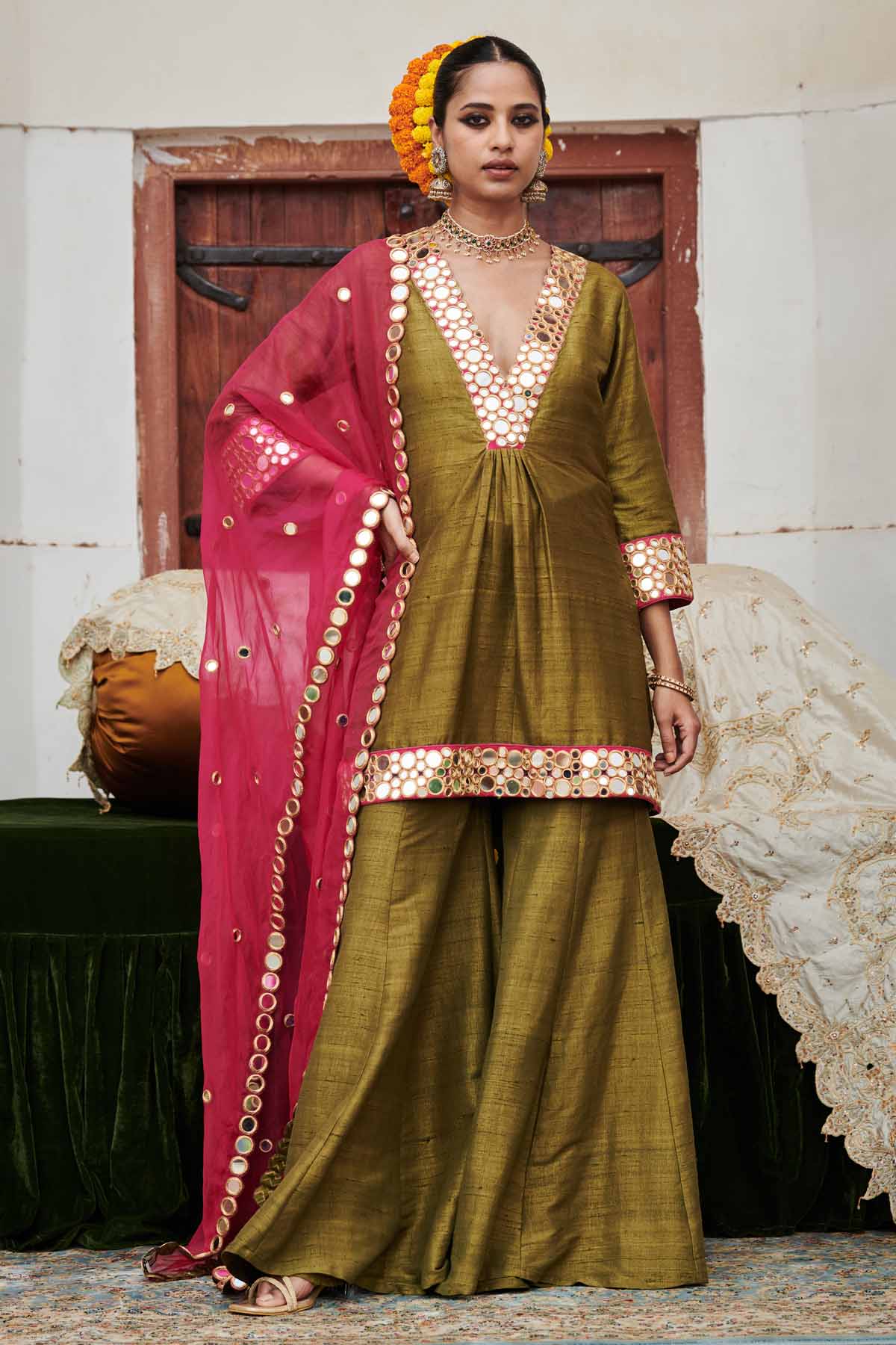 Buy ITRH, Designer Olive Embroidered Sharara Set Online