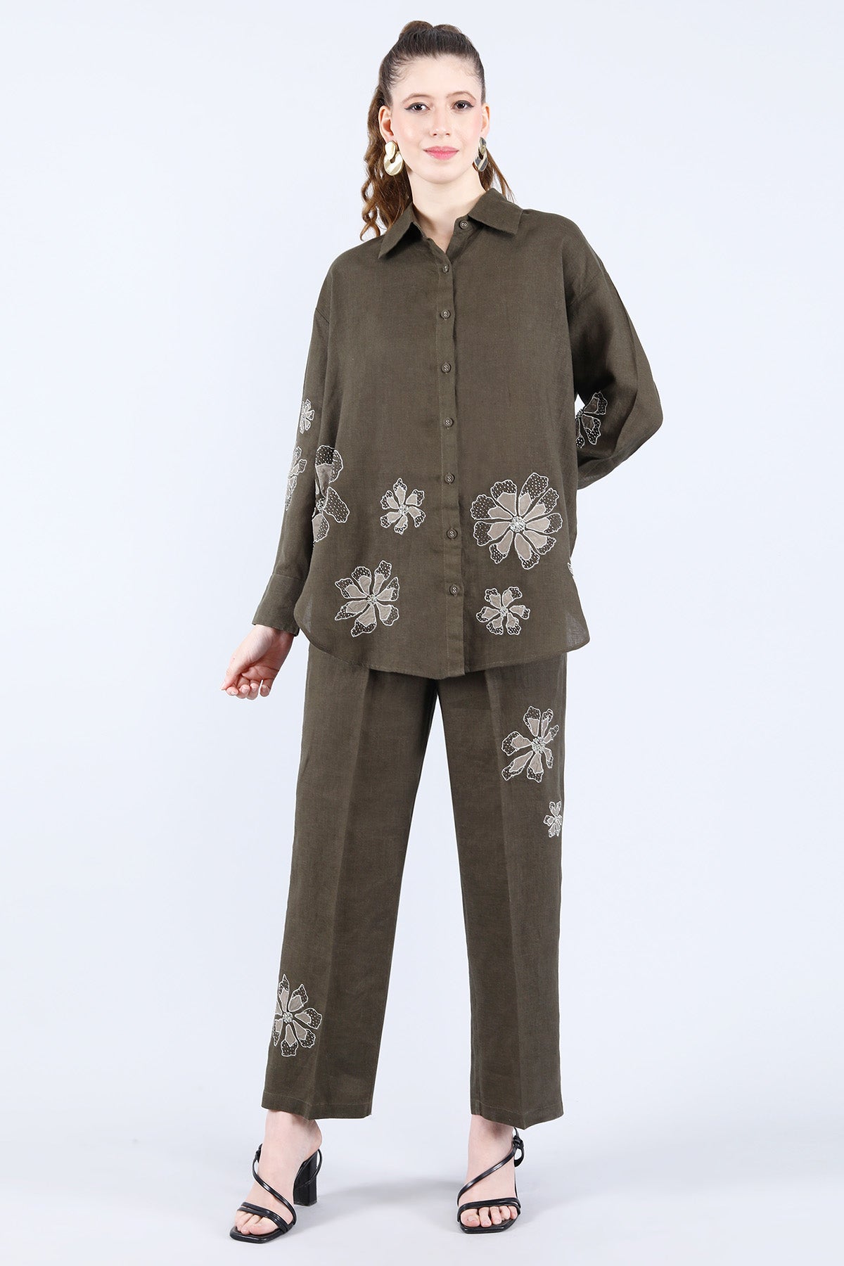Buy Linen Bloom Olive Embroidered Shirt & Pant for women online available at ScrollnShops