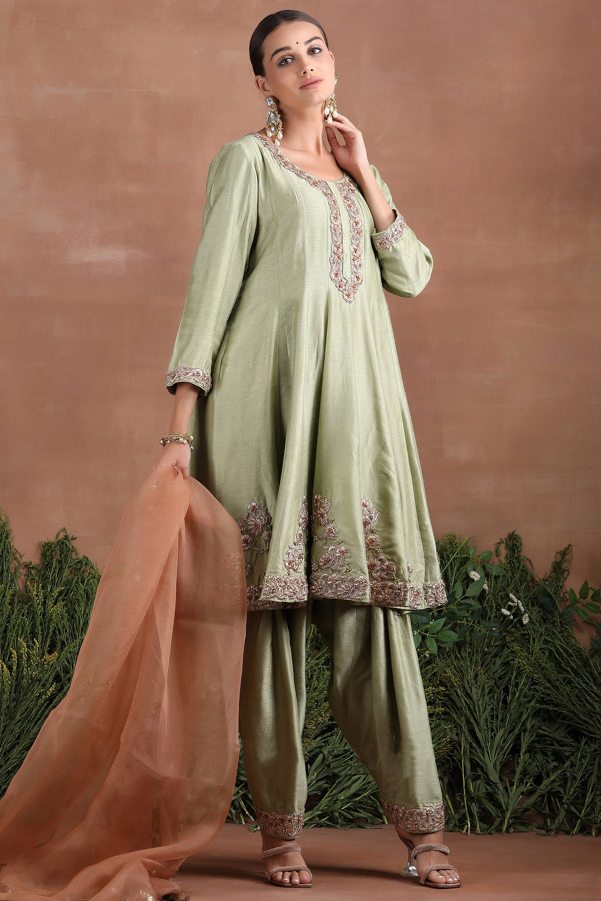 Olive Flared Short Kurta Set