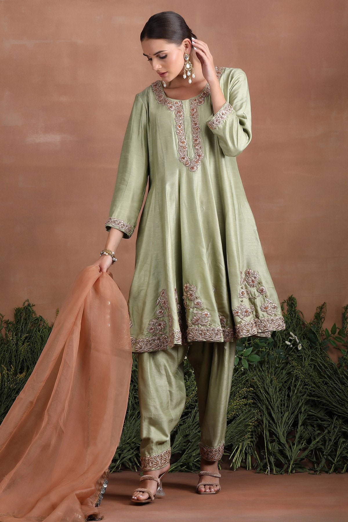 Olive Flared Short Kurta Set