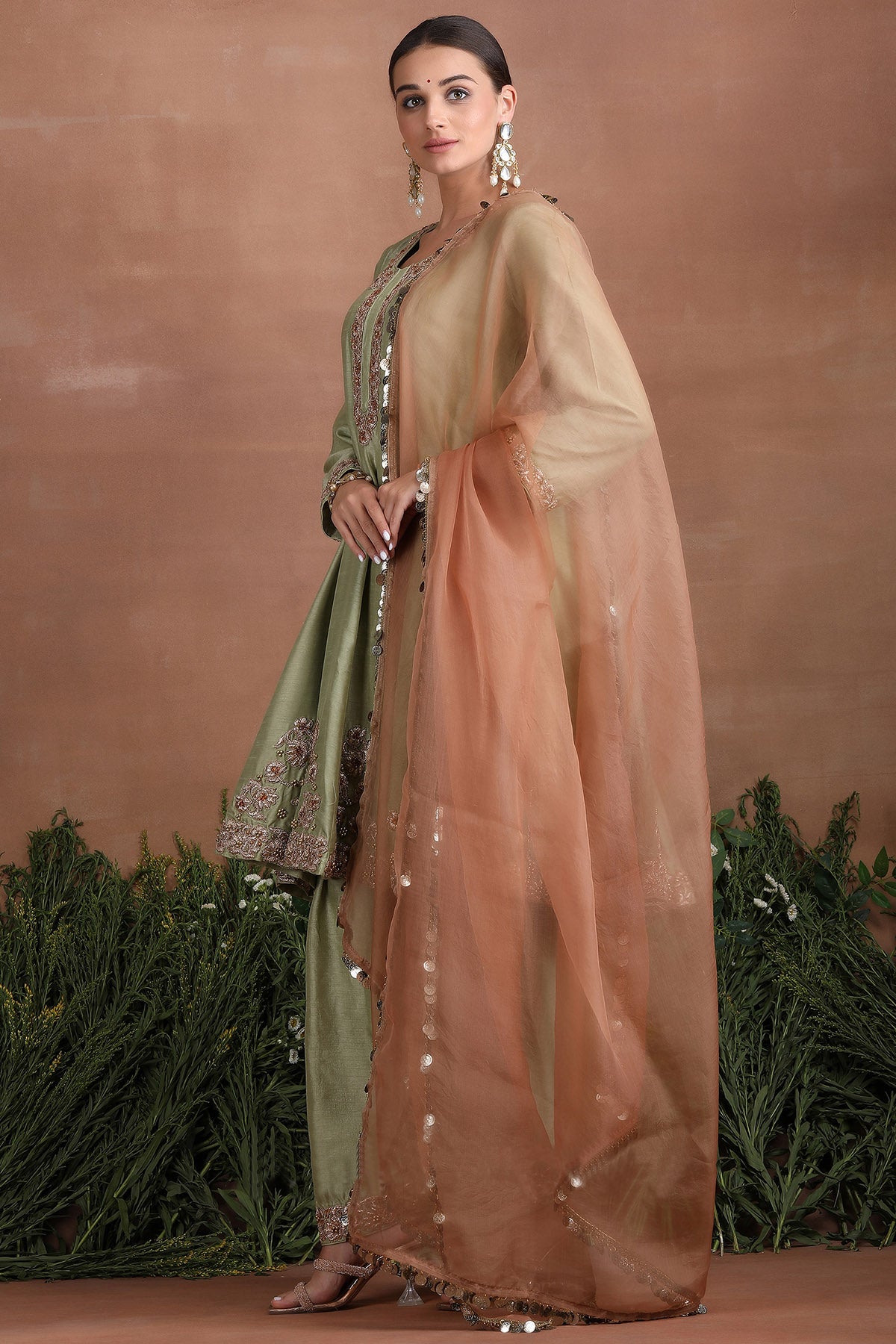 Olive Flared Short Kurta Set