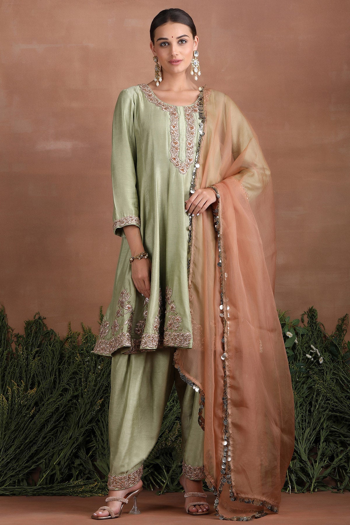 Buy Olive Flared Short Kurta Set by Poppy Flower for women online at ScrollnShops