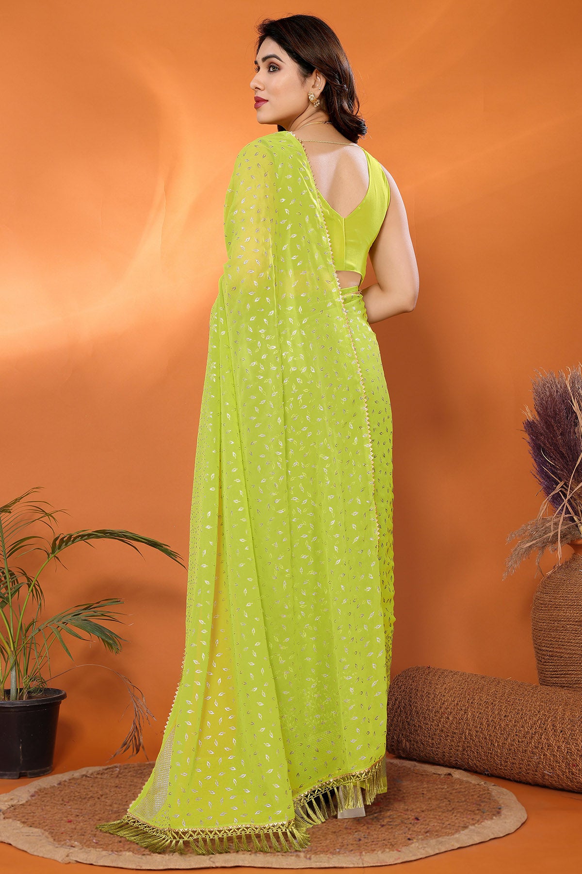 Olive Georgette Foil Work Saree