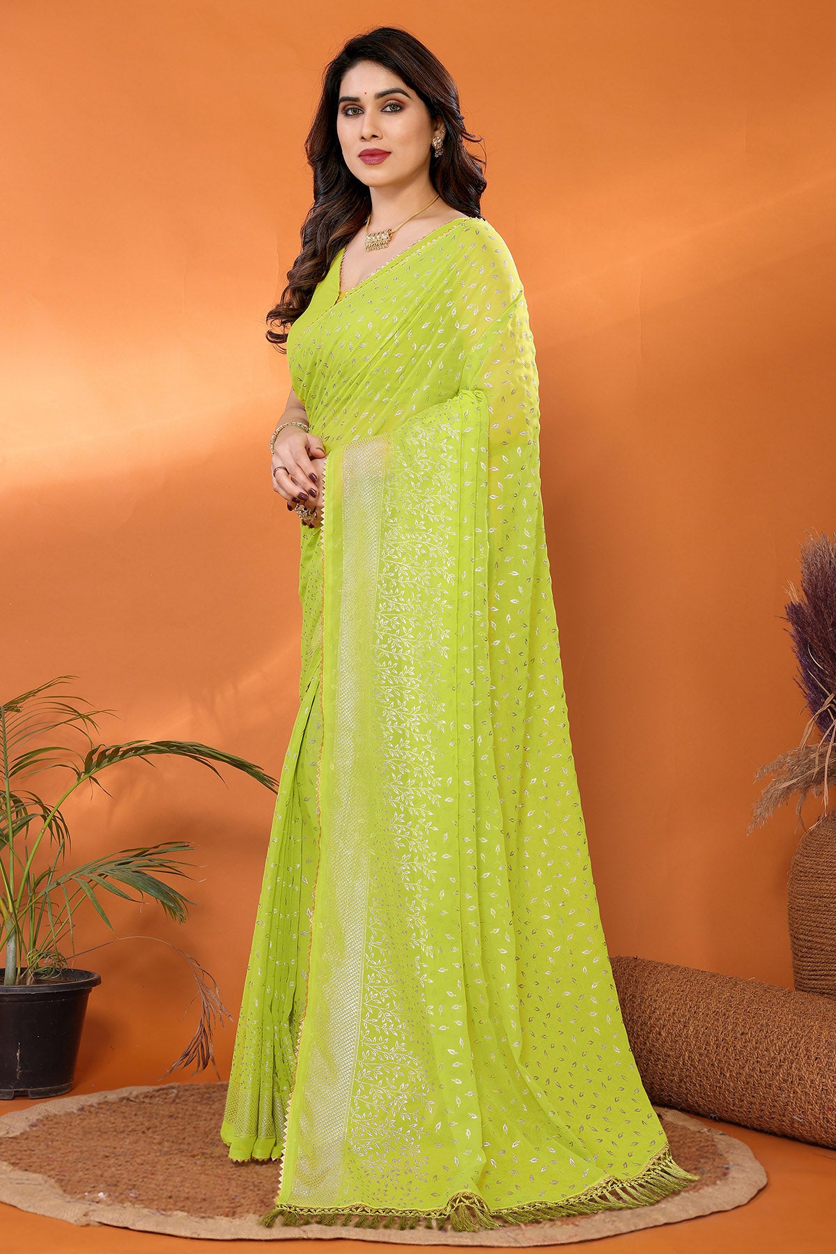 Olive Georgette Foil Work Saree