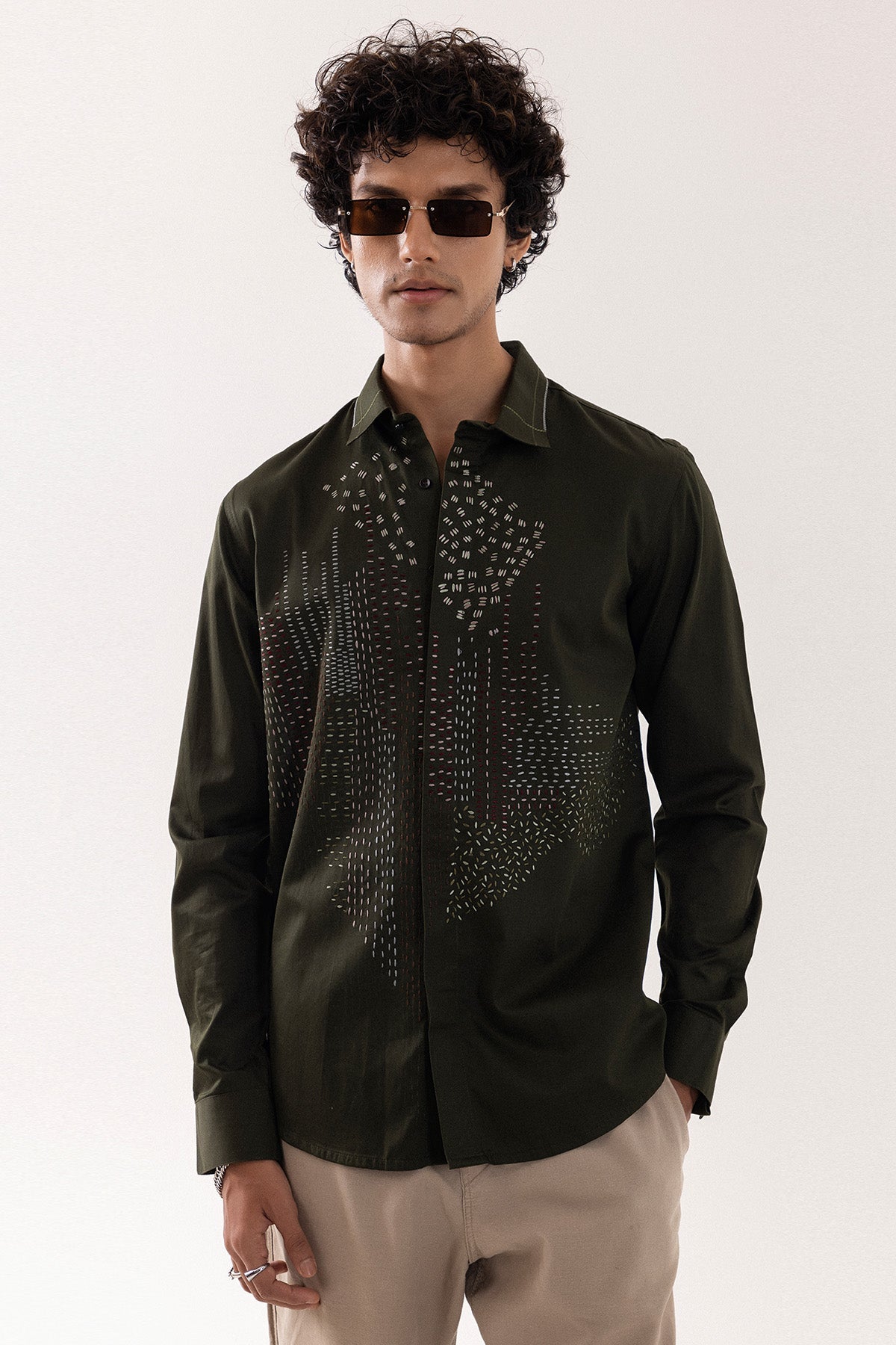 Buy Olive Giza Cotton Thread Shirt for men by Paarsh Atelier online available at scrollnshops