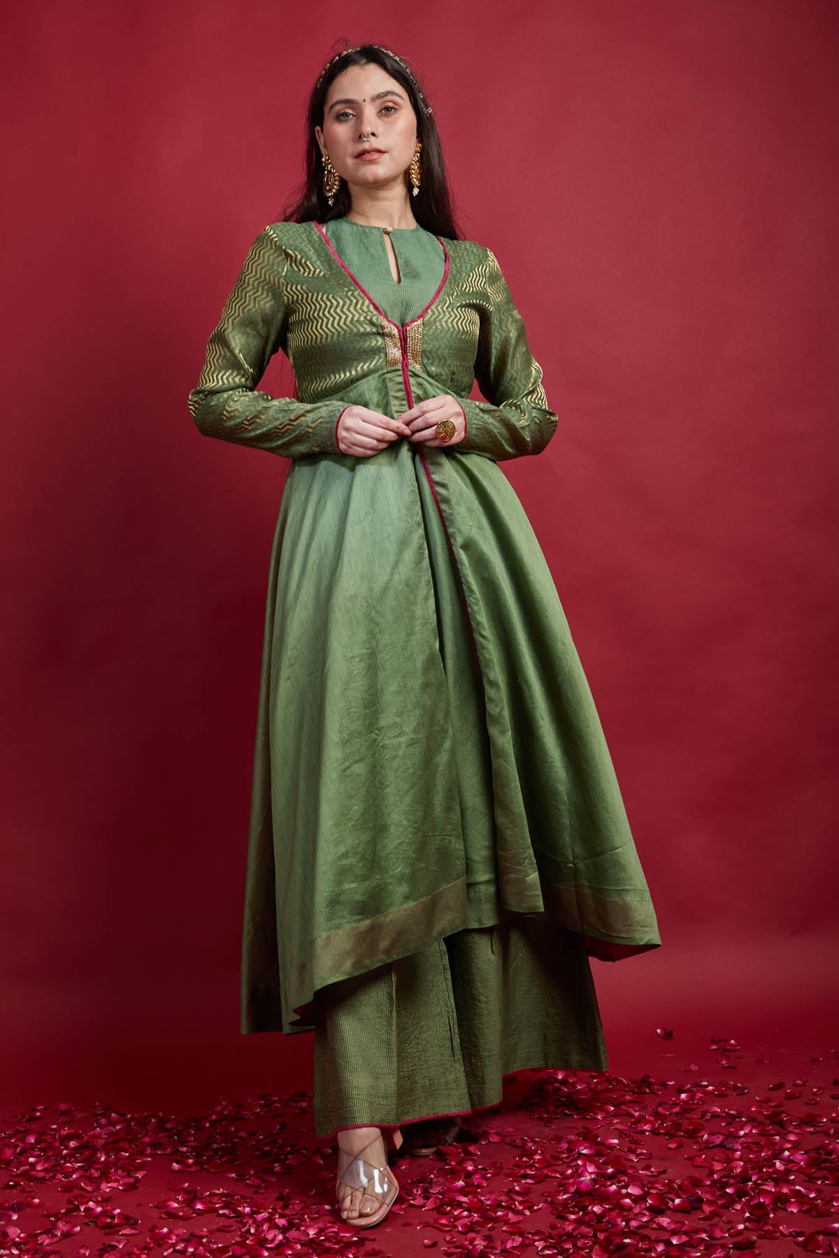 olive green anarkali dress Olive Green Anarkali Maxi Dress, Pakistani Style Embroidered Festive Gown