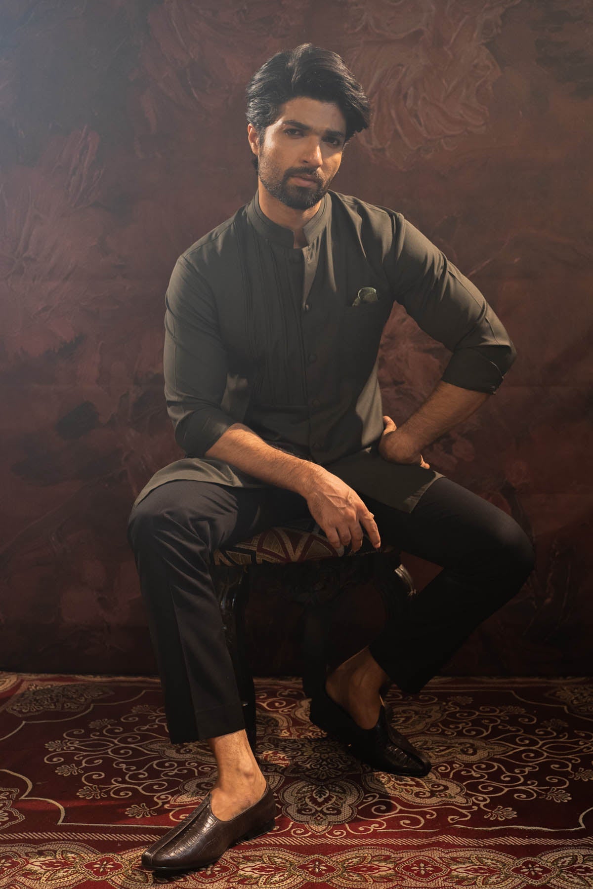 Buy Olive Green Asymmetric Kurta Set Online