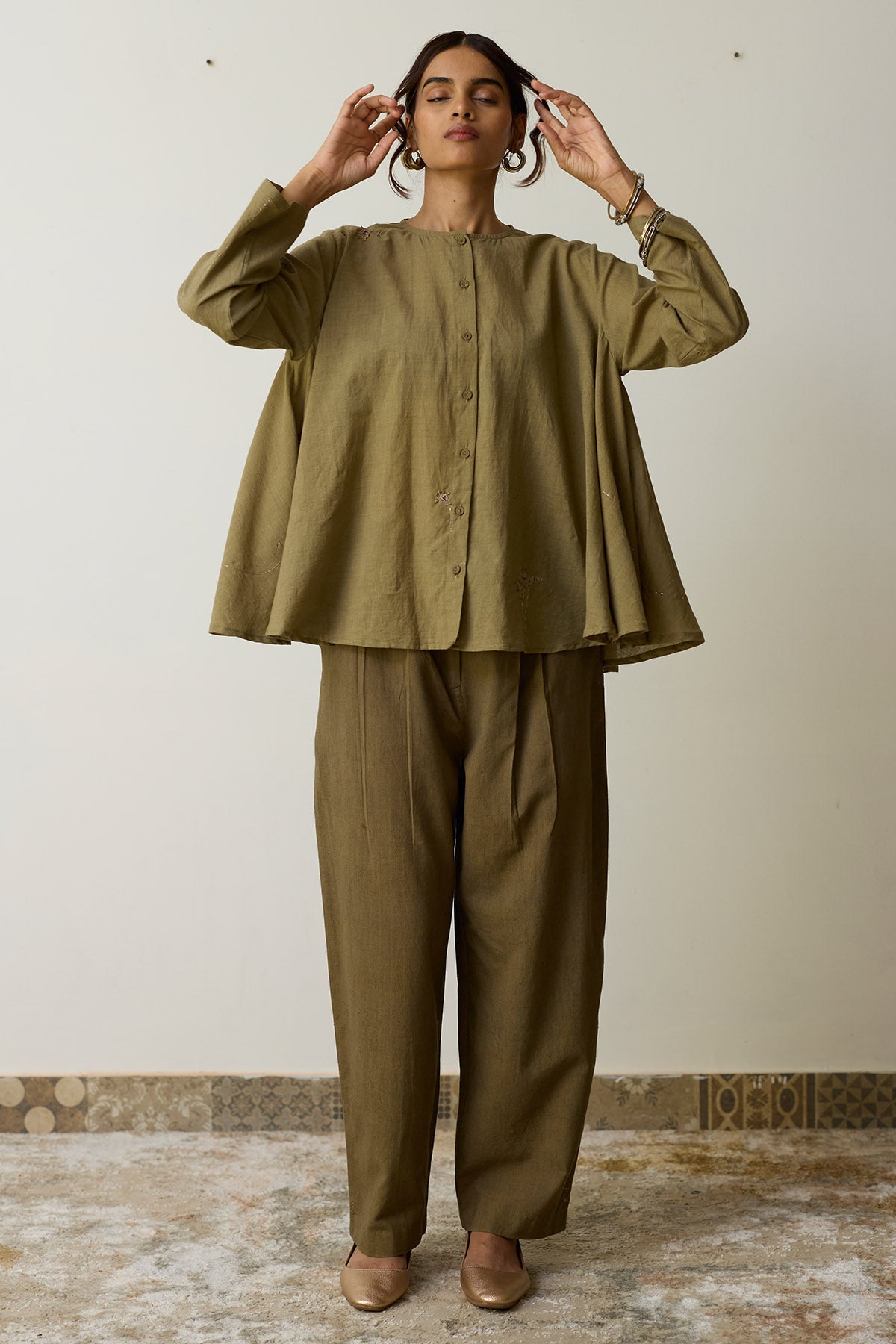 Buy Olive Green Cotton Co-ord Set for women by Rhua India online available at scrollnshops