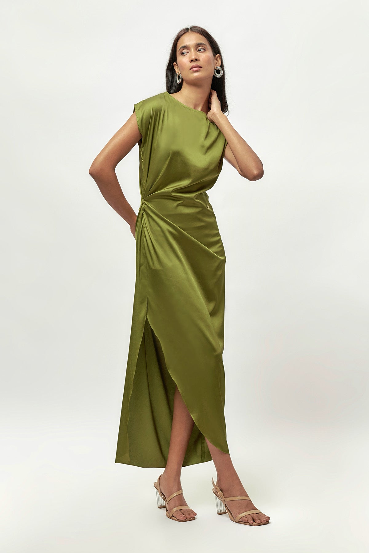 Olive Green Drape Slit Dress