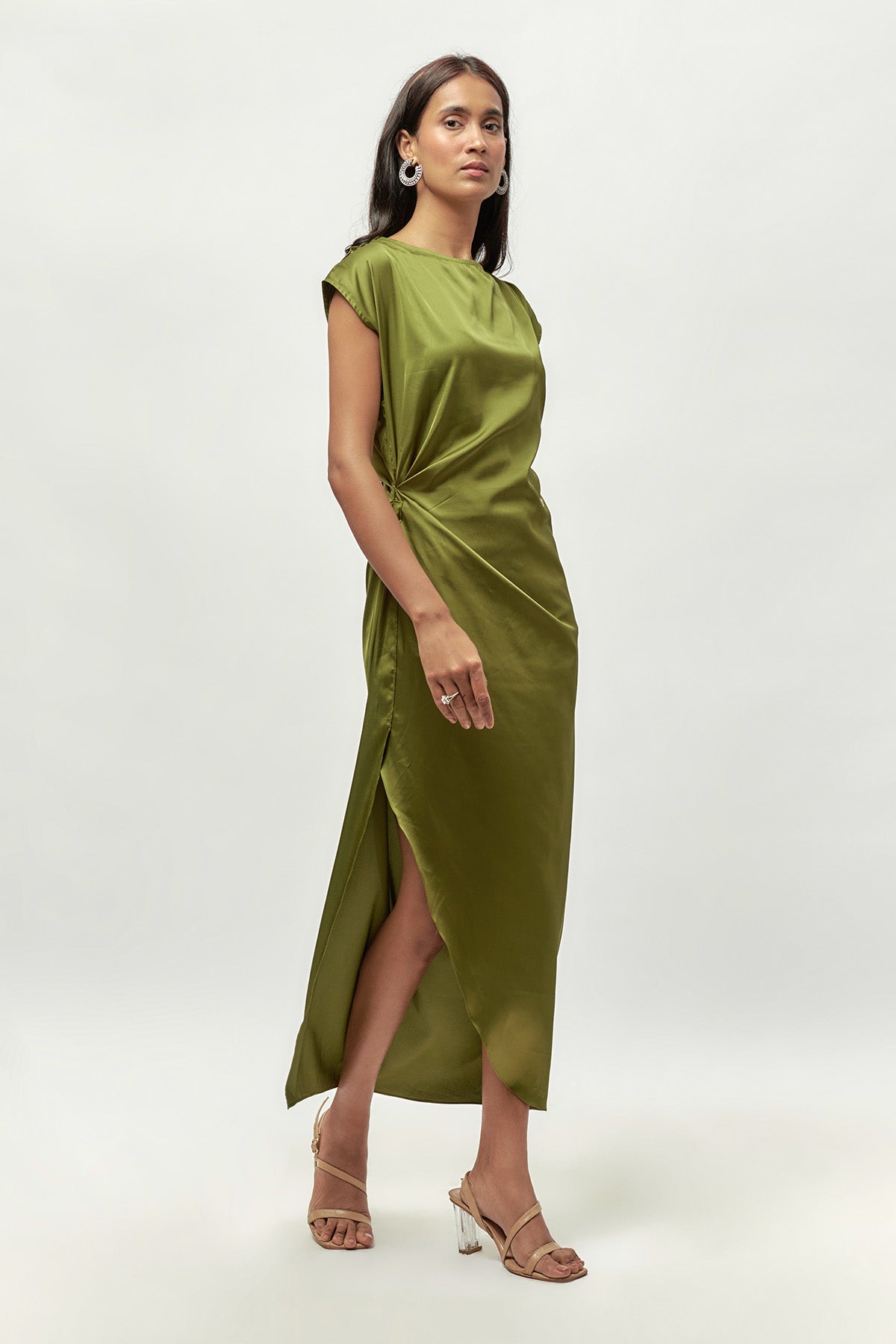 Olive Green Drape Slit Dress