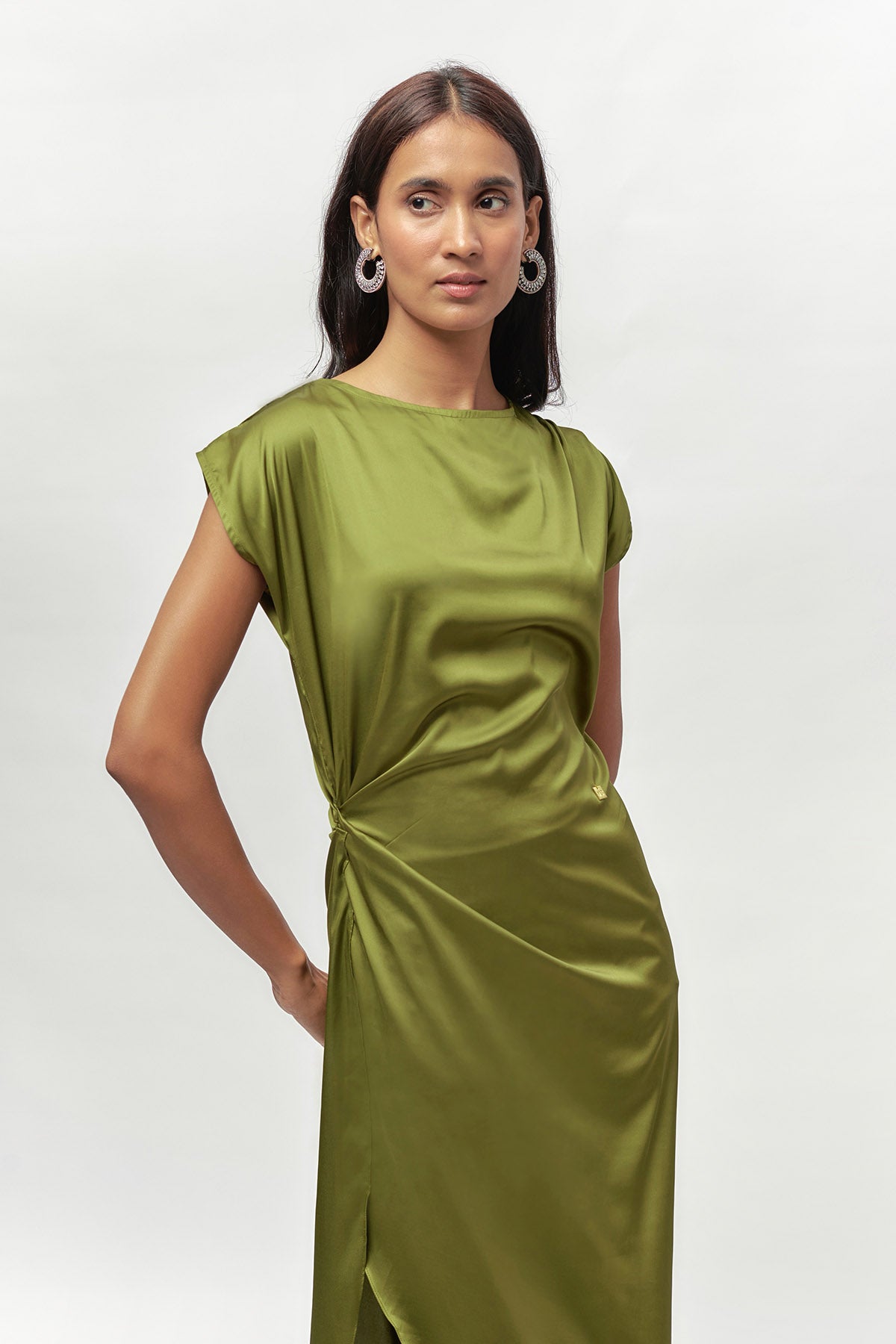 Olive Green Drape Slit Dress