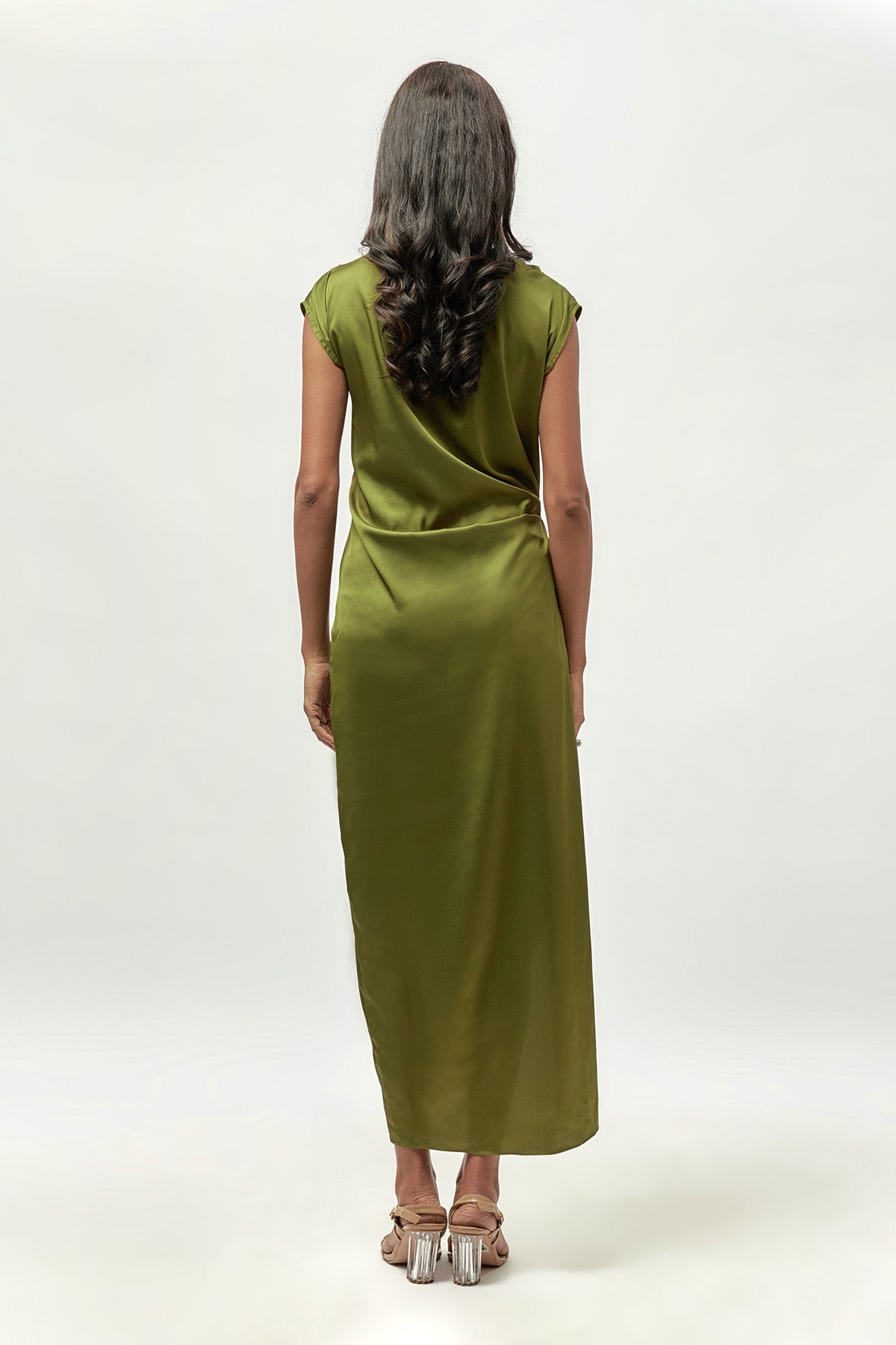 Buy Olive Green Drape Slit Dress for Women at ScrollnShops Buy Olive Green Drape Slit Dress for Women at ScrollnShops