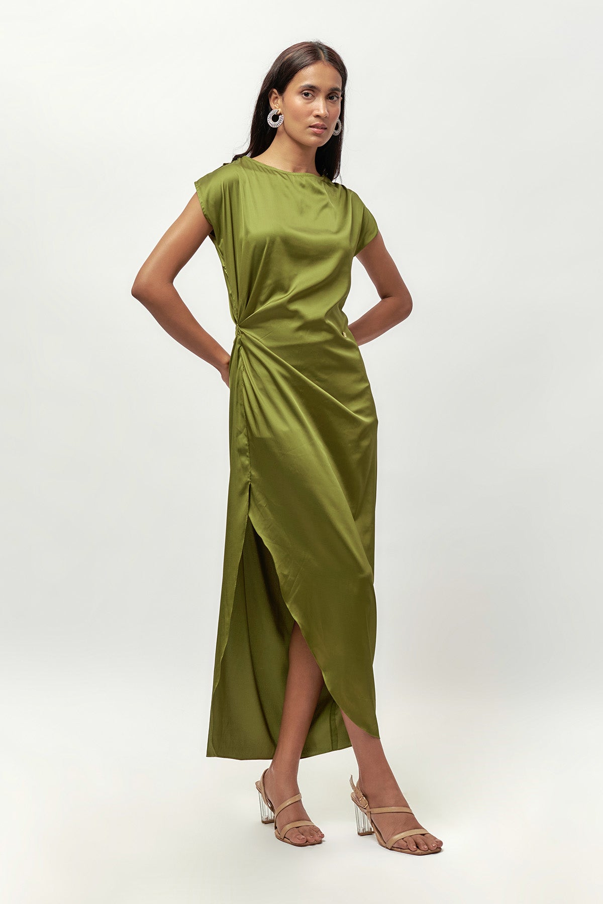 Buy Olive Green Drape Slit Dress for Women at ScrollnShops Buy Olive Green Drape Slit Dress for Women at ScrollnShops