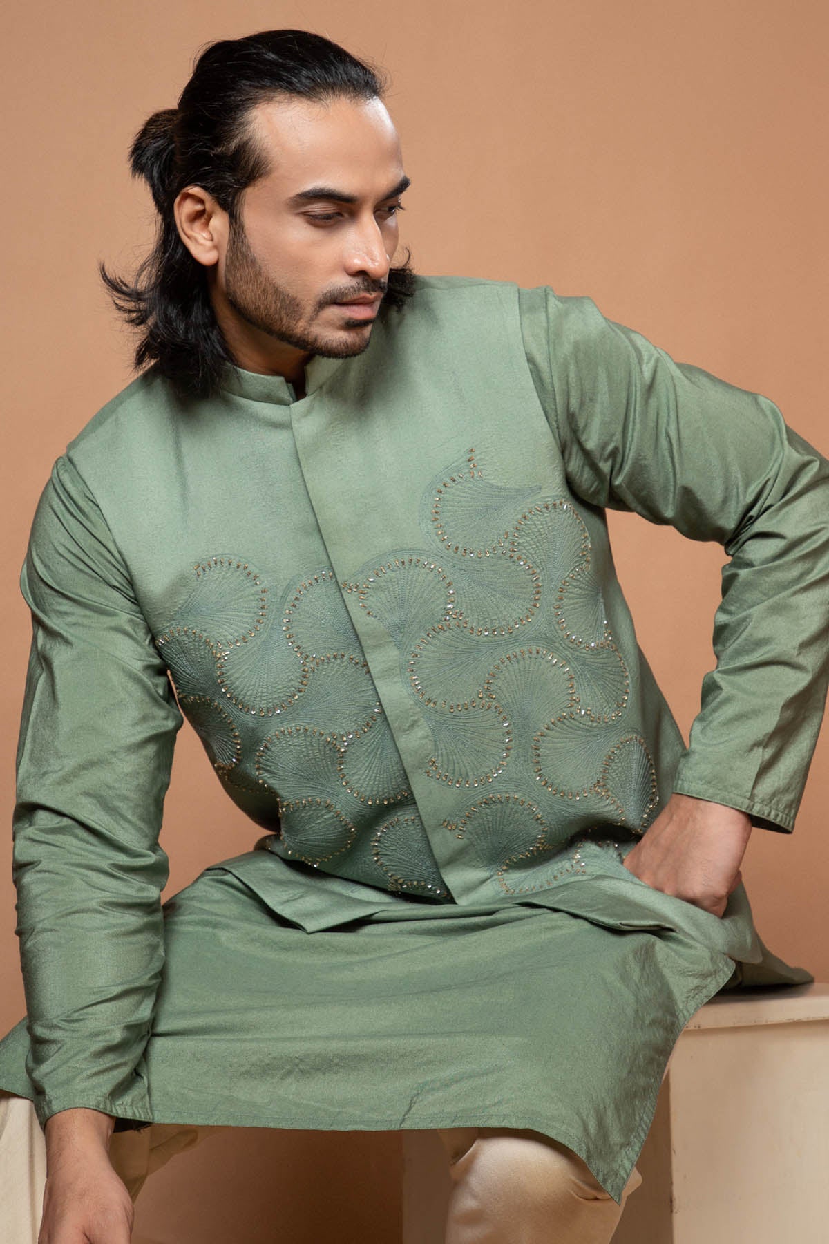 Olive Green Embroidered Bundi