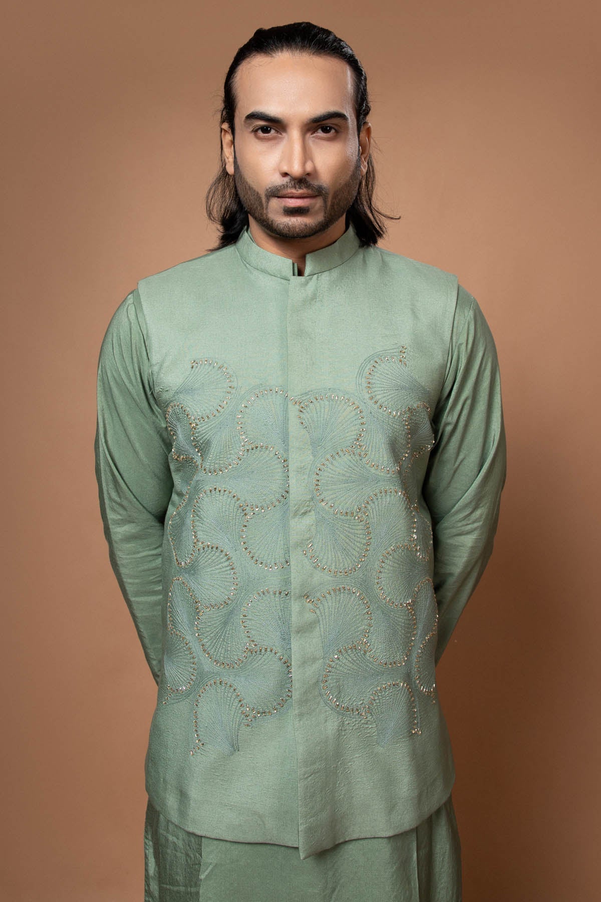 Priyanka Haralalka Olive Green Embroidered Bundi for men online at ScrollnShops