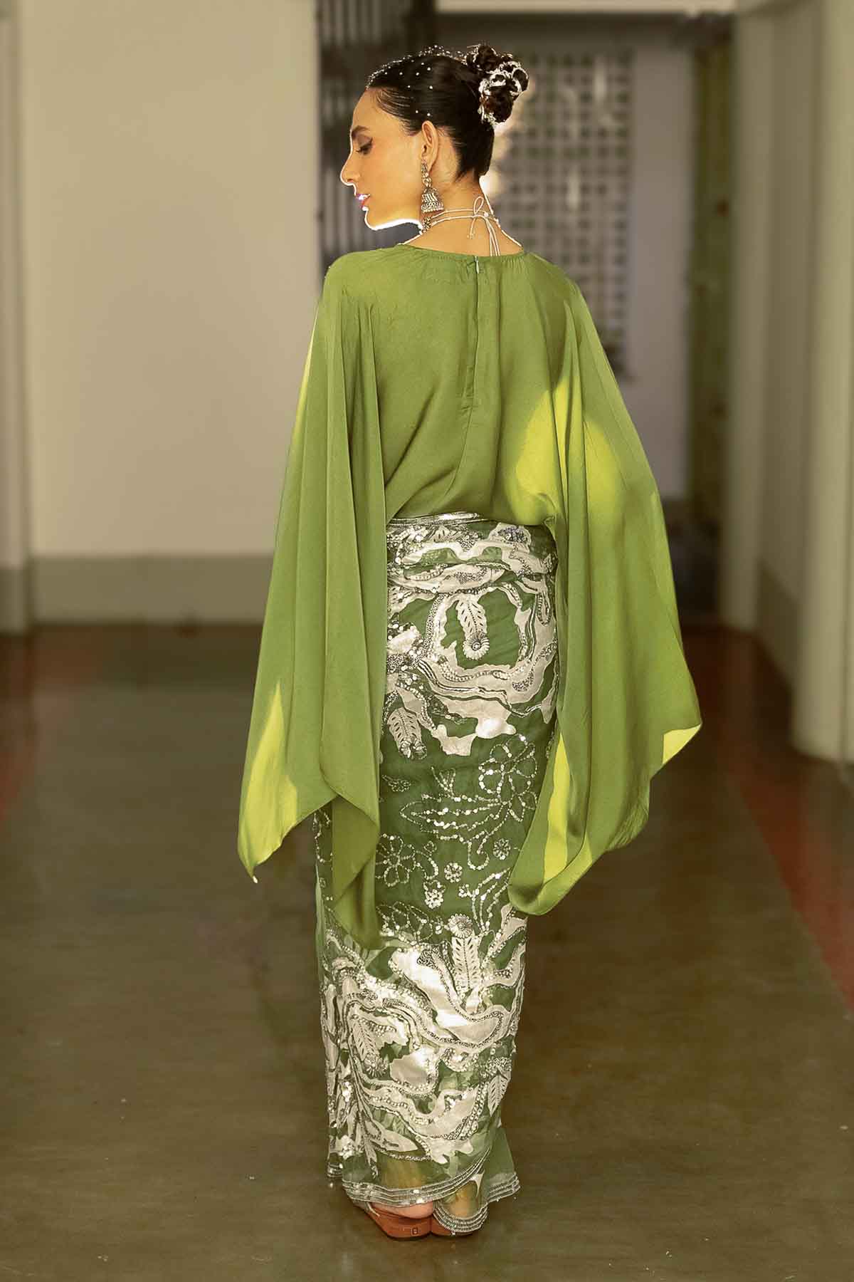 Olive Green Embroidered Saree