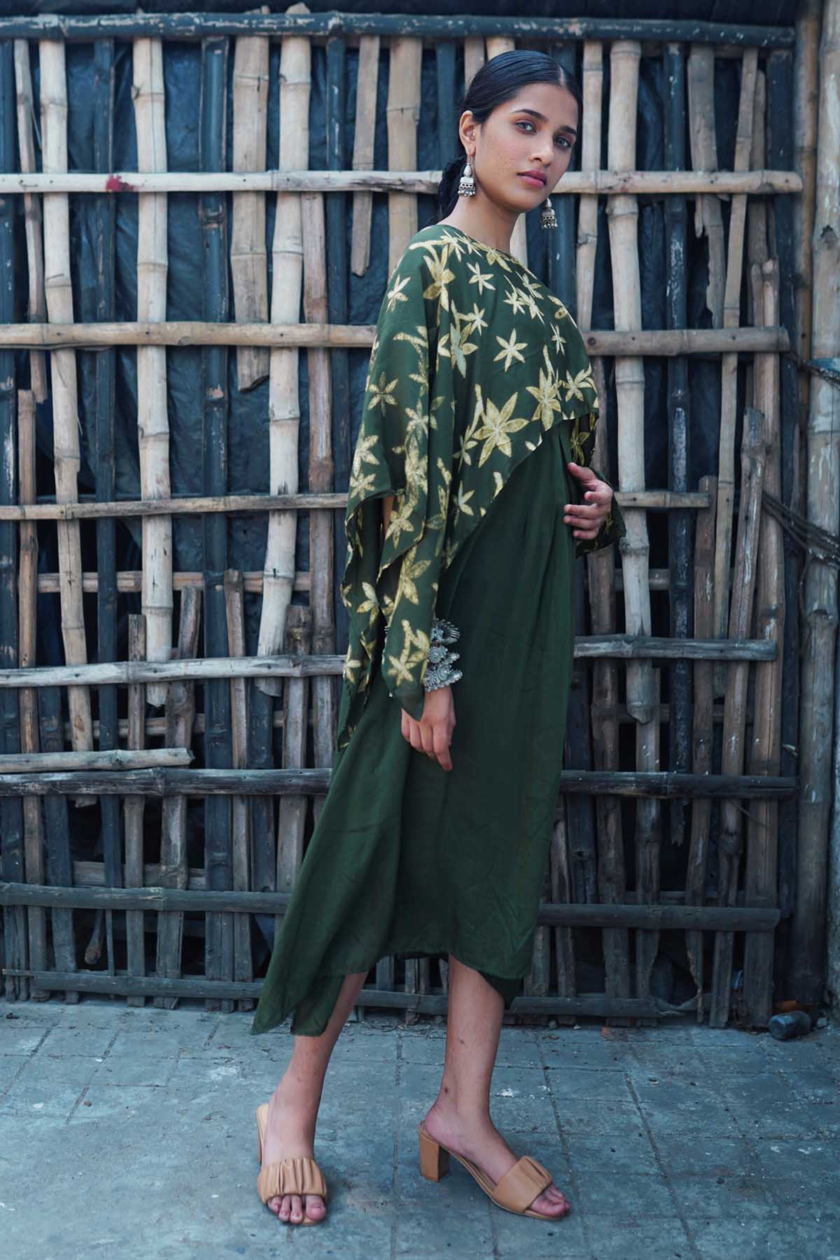 Buy Anamika Khandelwal Olive Green Floral Cape Kaftan