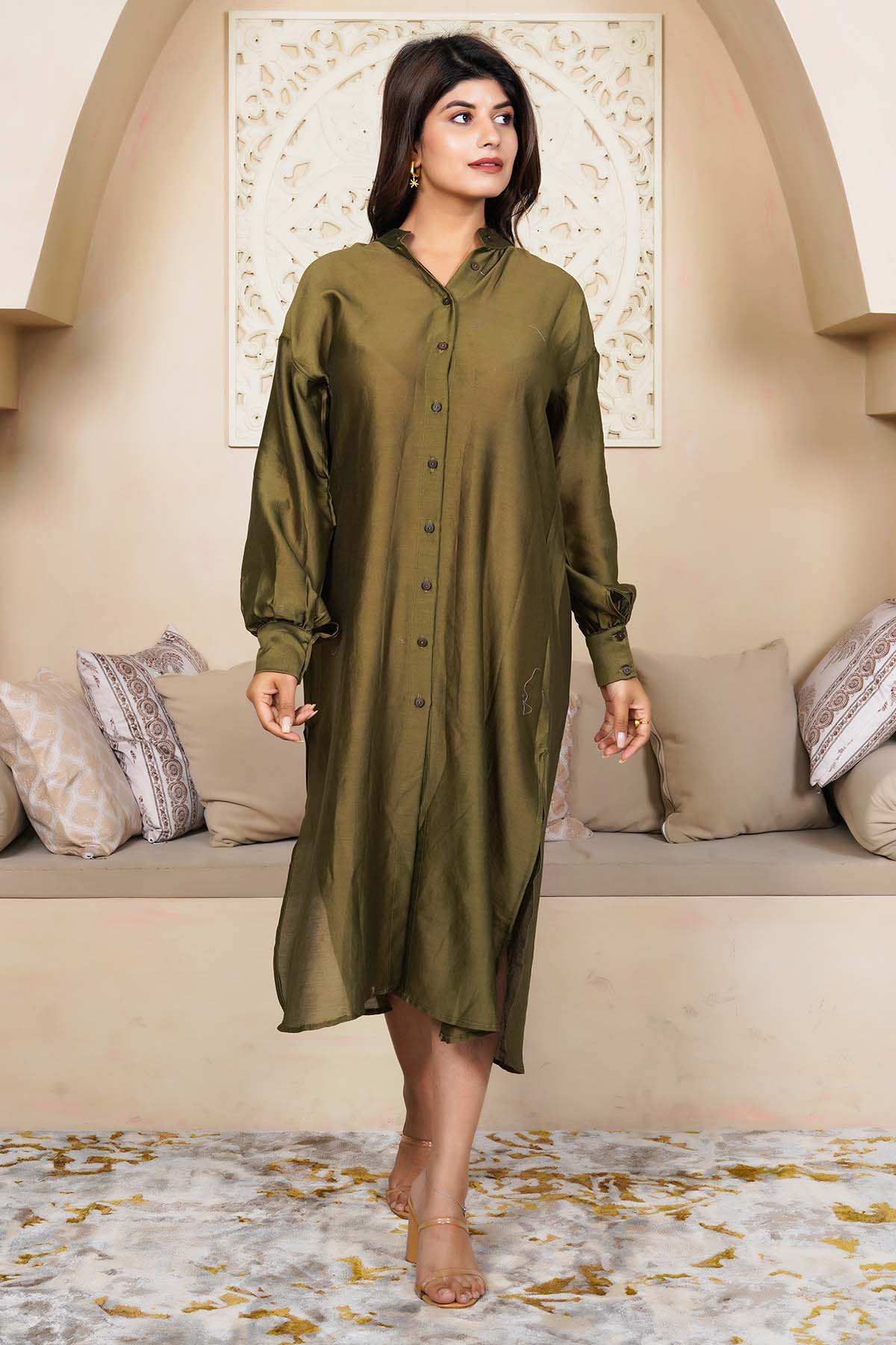 Imrie Olive Green Midi Shirt Dress for women online at ScrollnShops