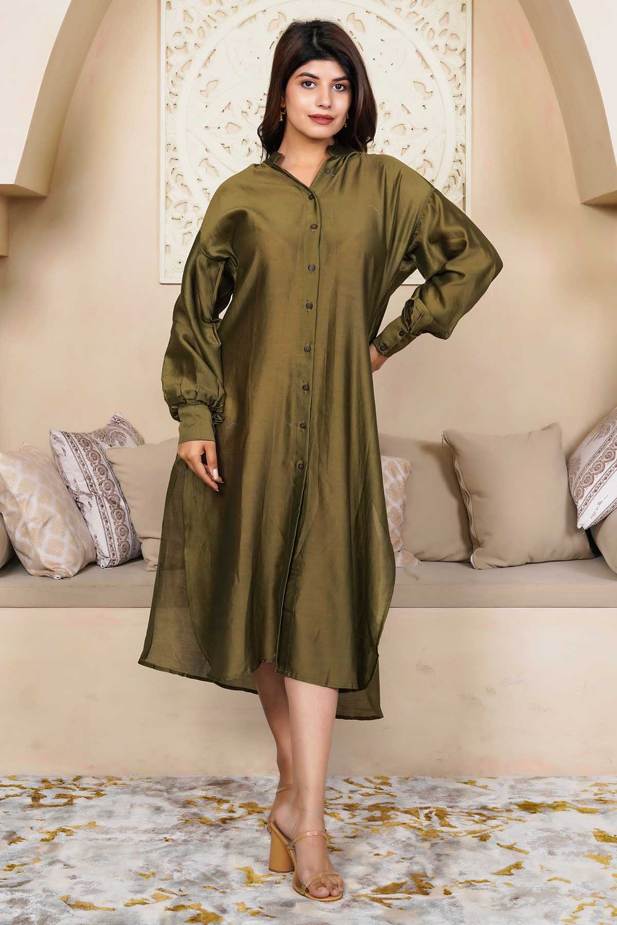 Buy Designer Olive Green Midi Shirt Dress Online