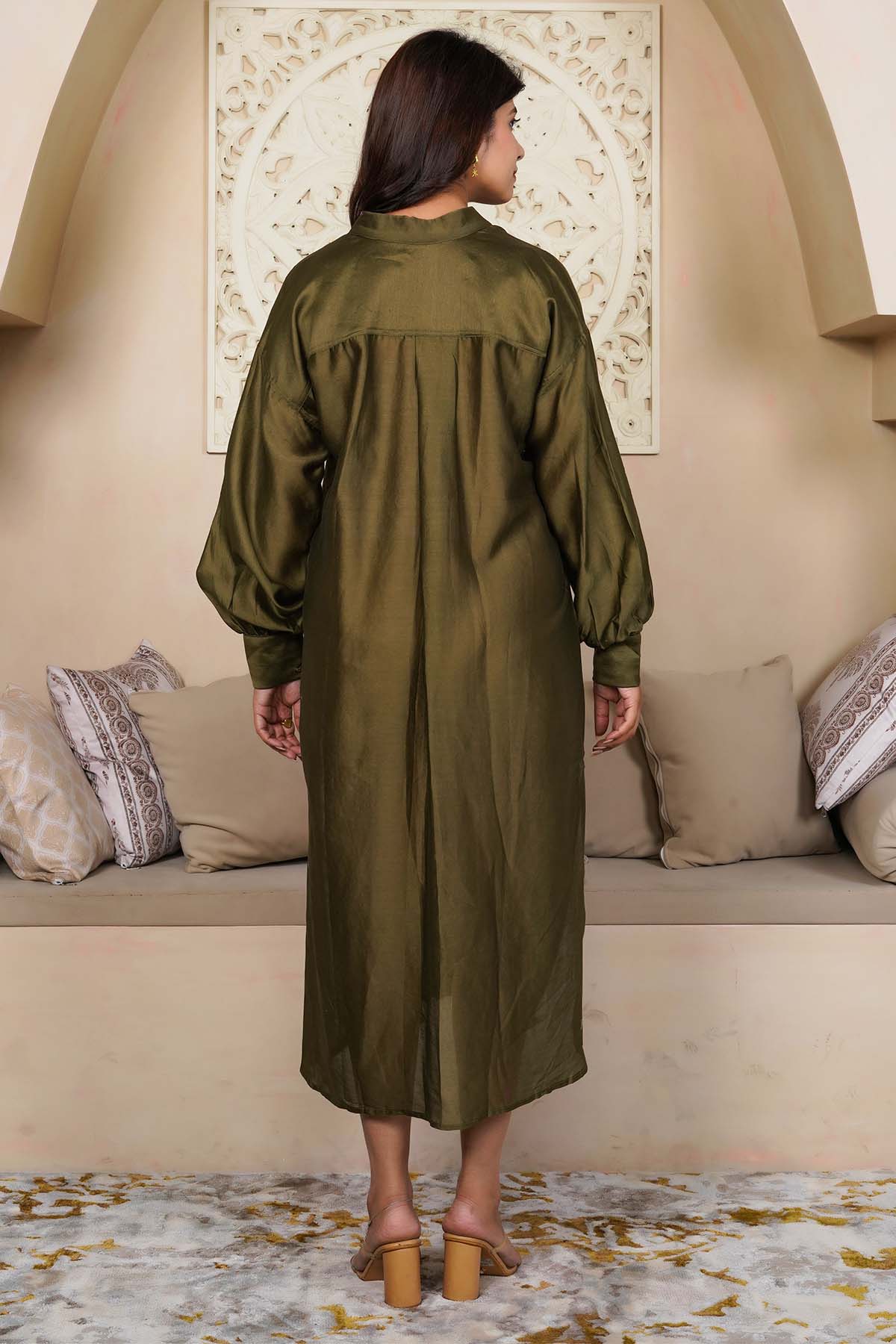 Olive Green Midi Shirt Dress