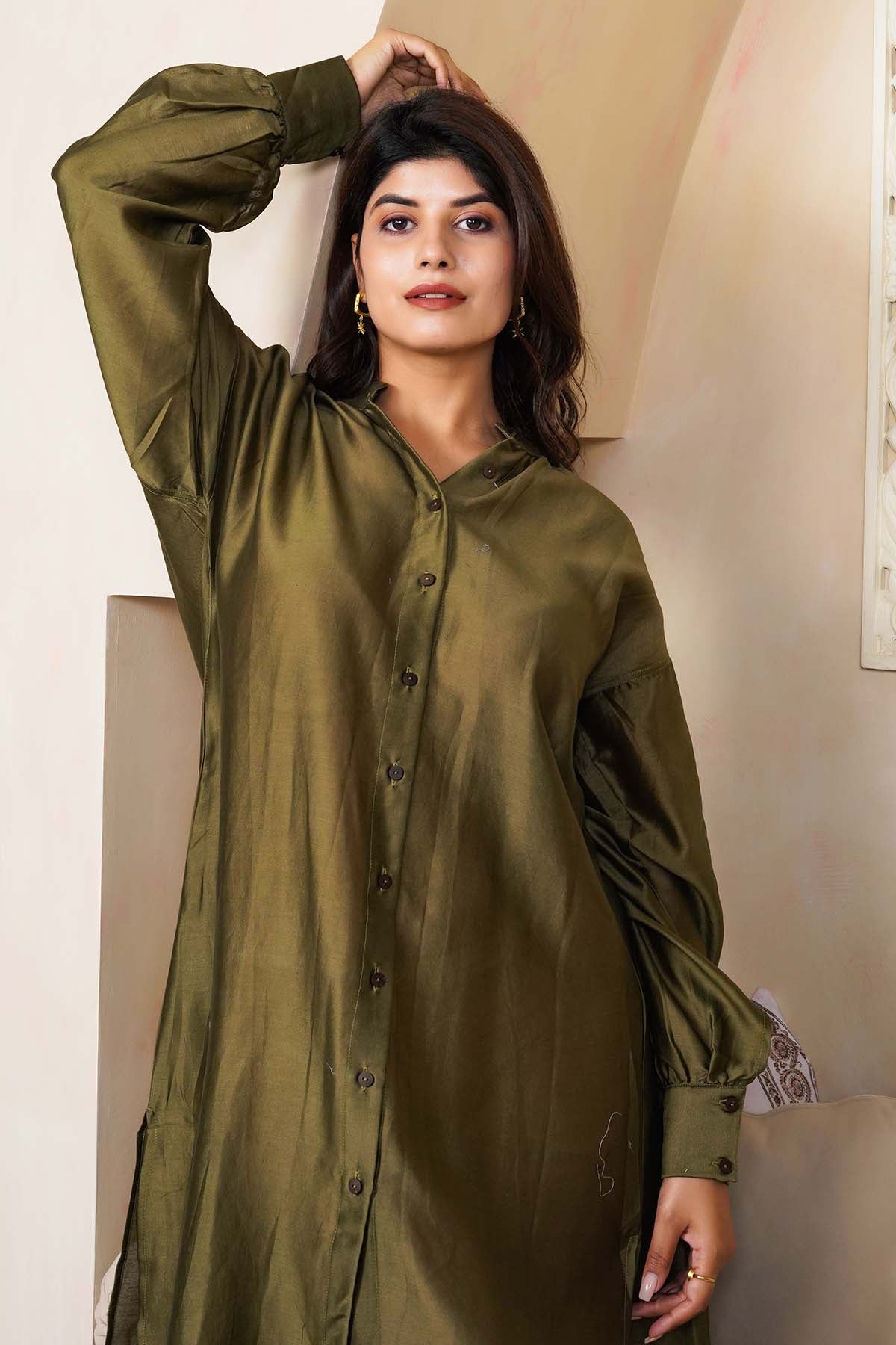 Olive Green Midi Shirt Dress