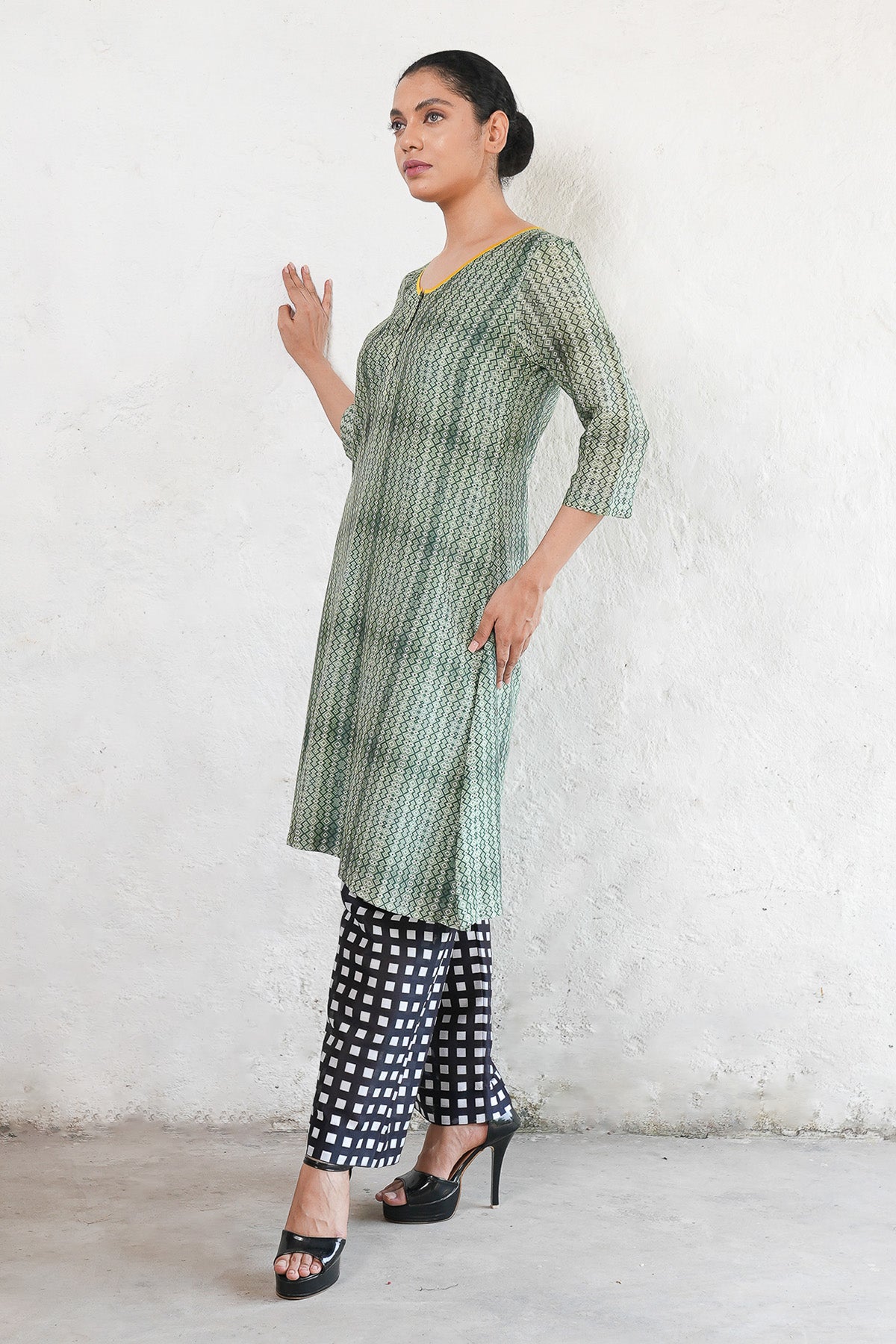 Olive Green Printed A-Line Kurta