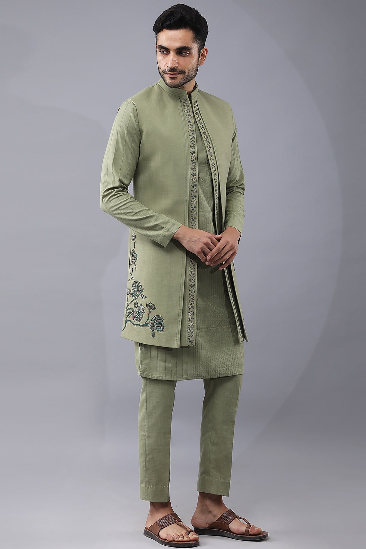 Olive Green Printed Jacket Set