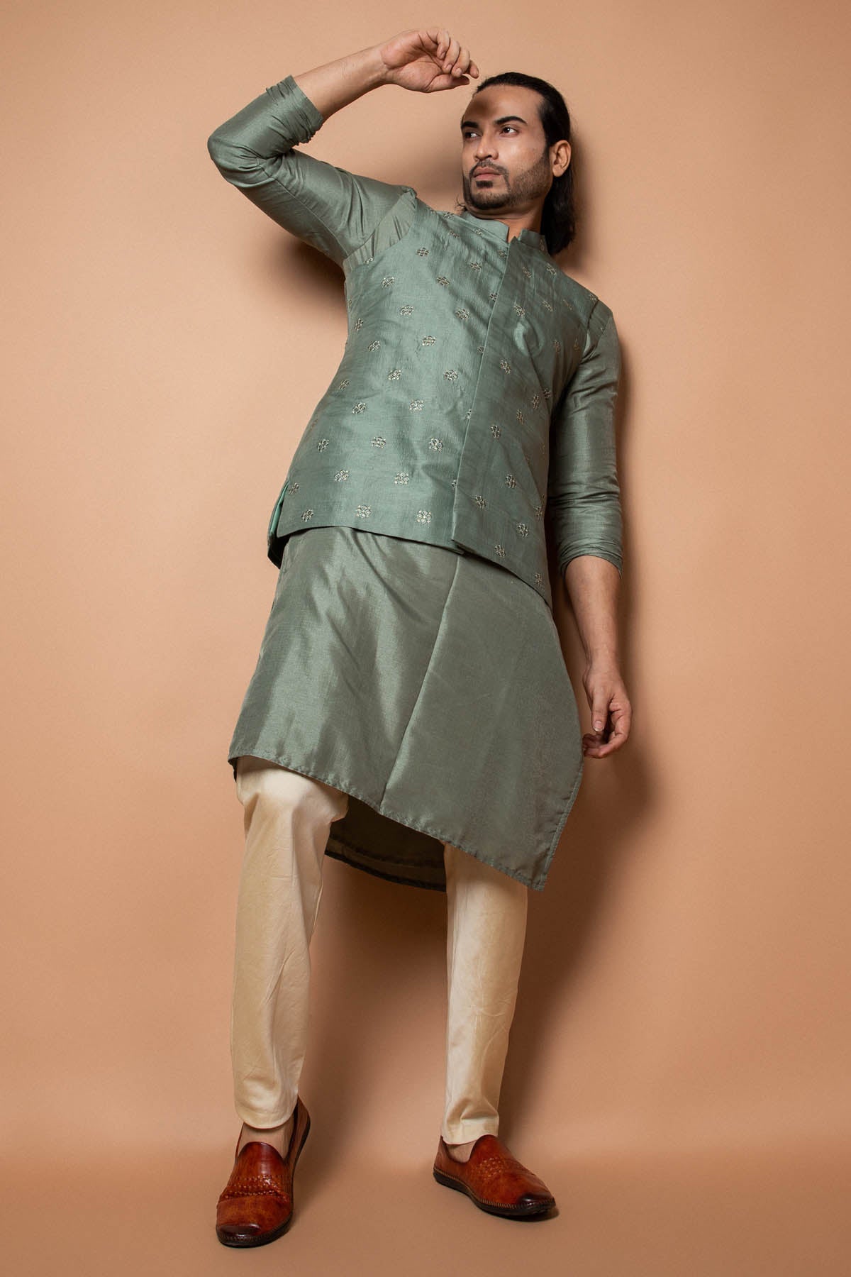 Olive Green Sequins Bundi Set