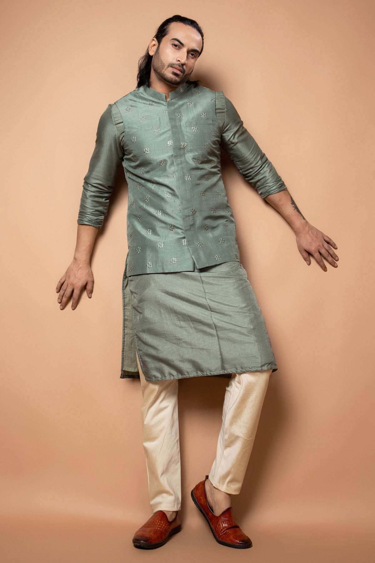 Priyanka Haralalka Olive Green Sequins Bundi Set for men online at ScrollnShops