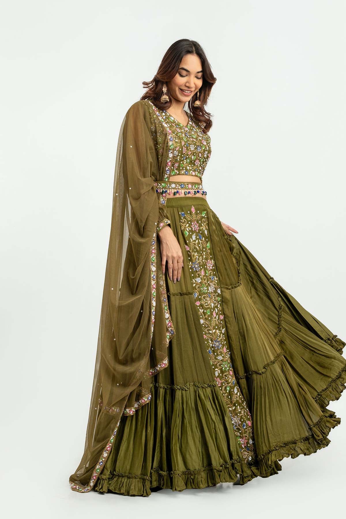 Olive Green Sequins Lehenga Set