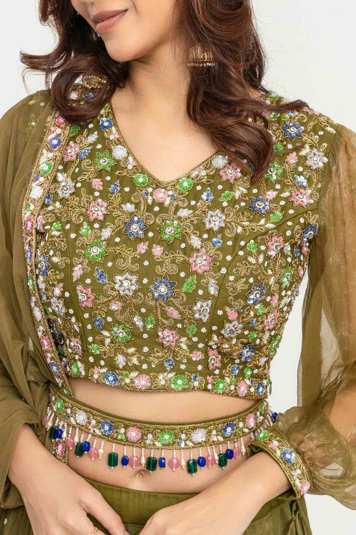 Olive Green Sequins Lehenga Set