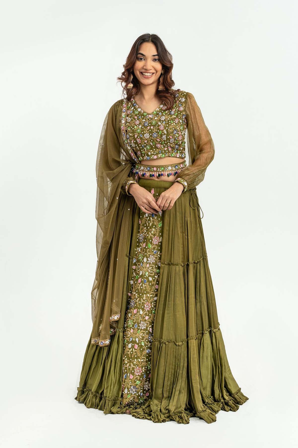 Olive Green Sequins Lehenga Set