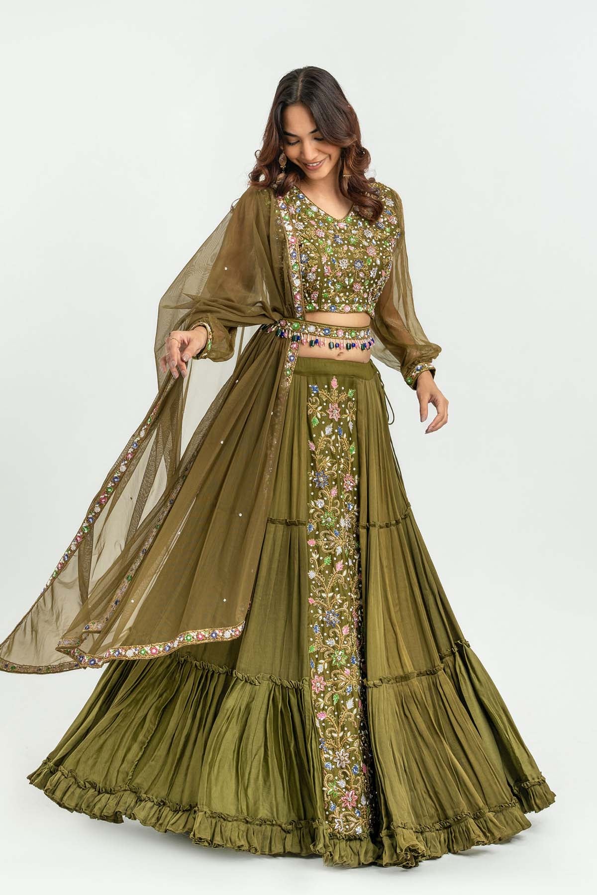 Buy Olive Green Sequins Lehenga Set Online