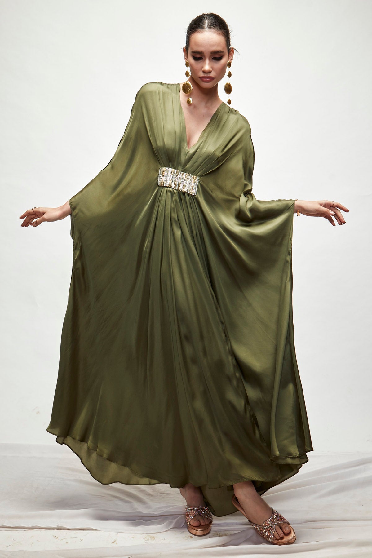 Designer Ranian Olive green silk kaftan with front pleat detailing and beads embroidery For women Online at ScrollnShops