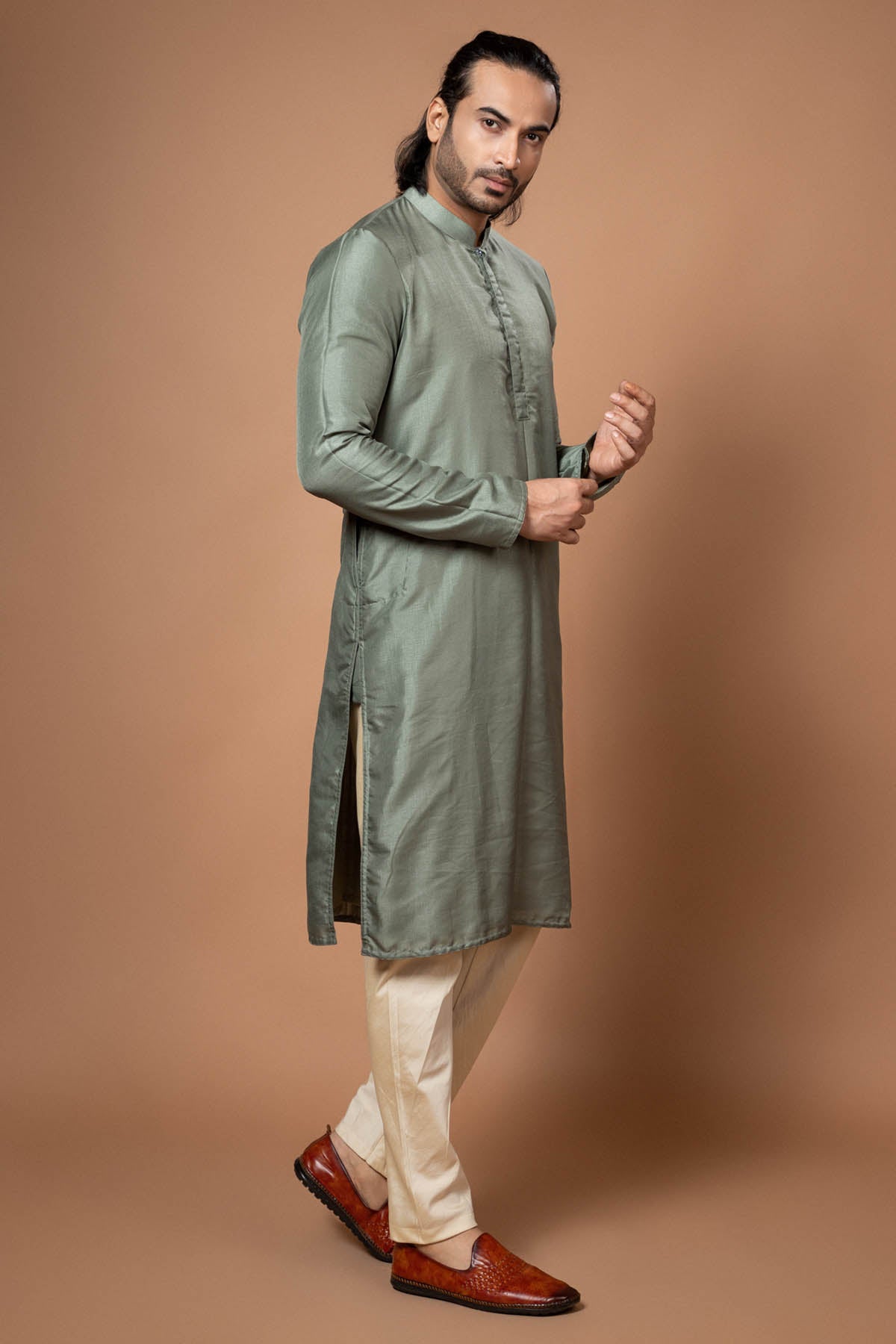 Olive Green Silk Kurta & Pyjama