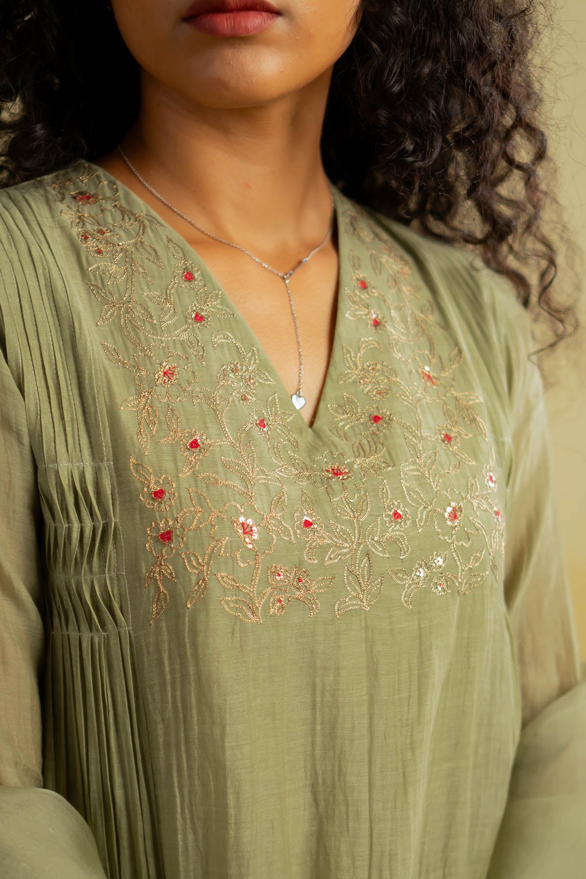 Olive Green Zari Work Kurta Set