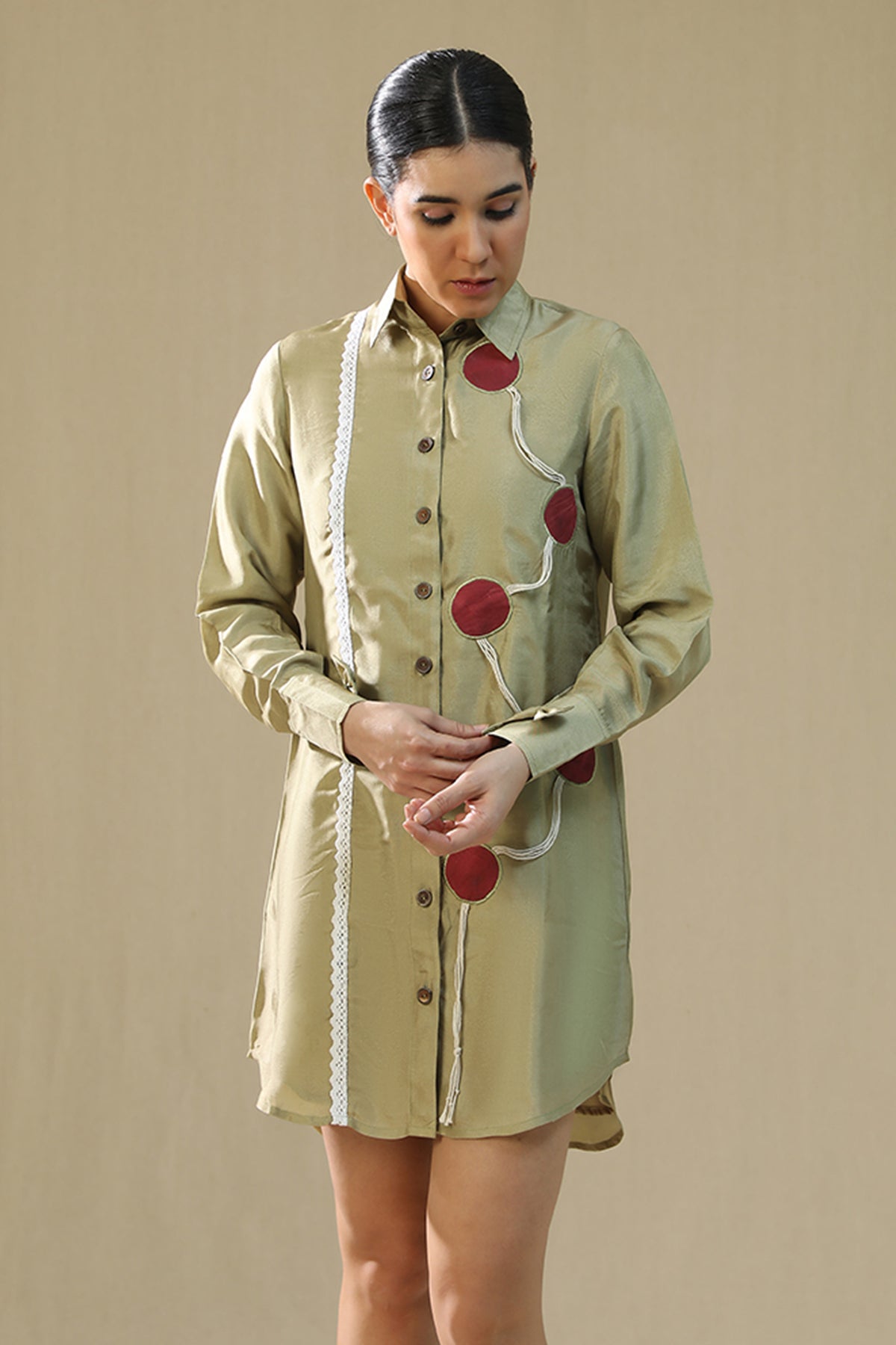 Buy Olive Handpainted Shirt Dress by Arpita Sulakshana for women online at ScrollnShops