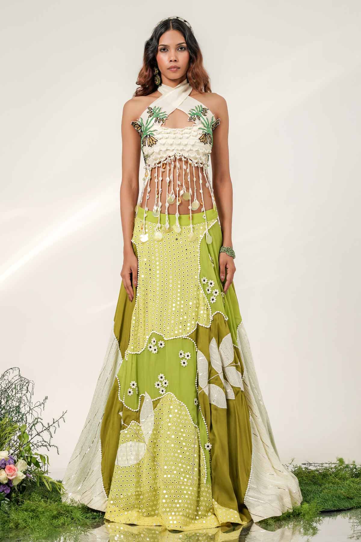 Buy Olive Ivory Texture Lehenga Set for women by Shwetanga online available at scrollnshops