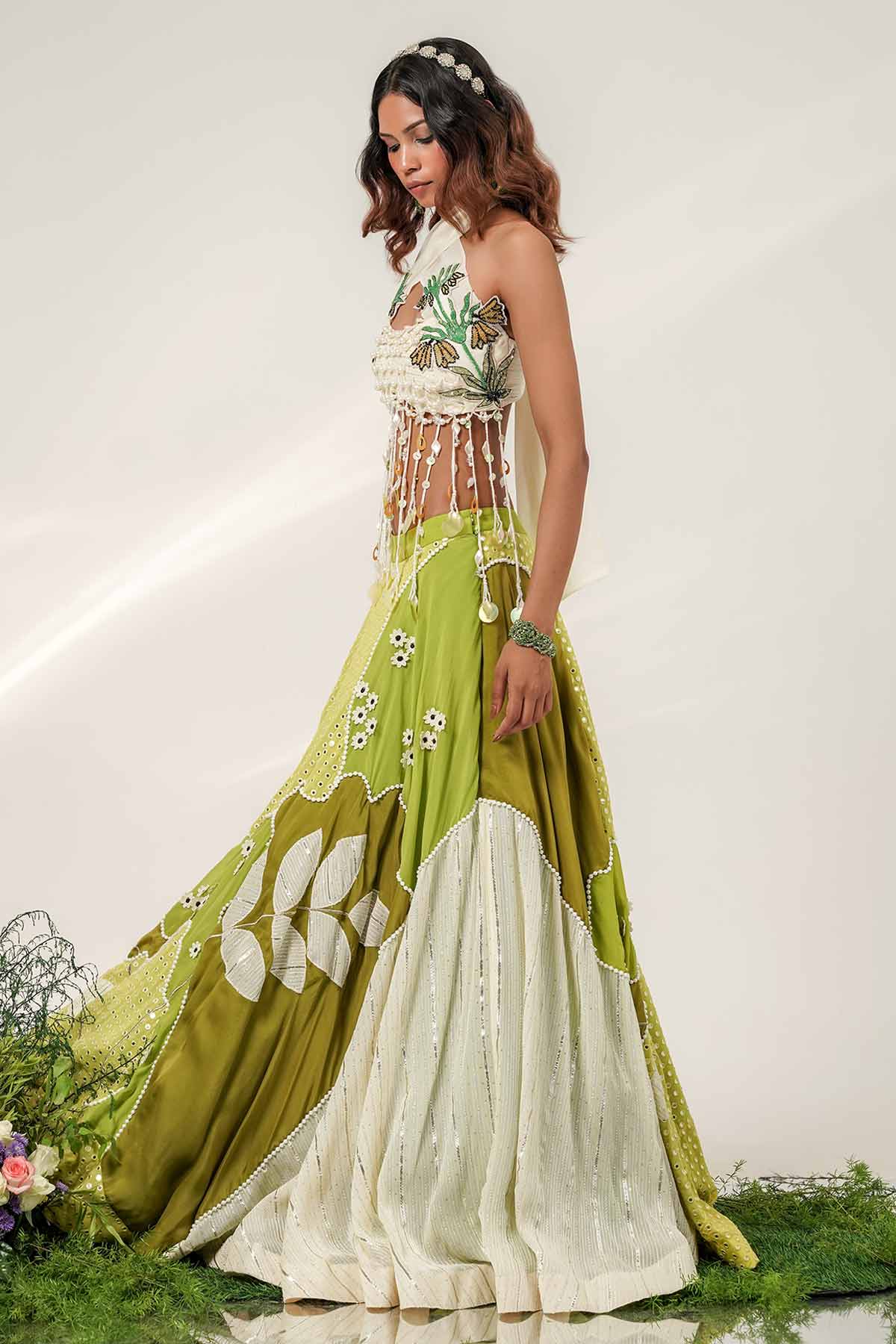 Olive Ivory Texture Lehenga Set
