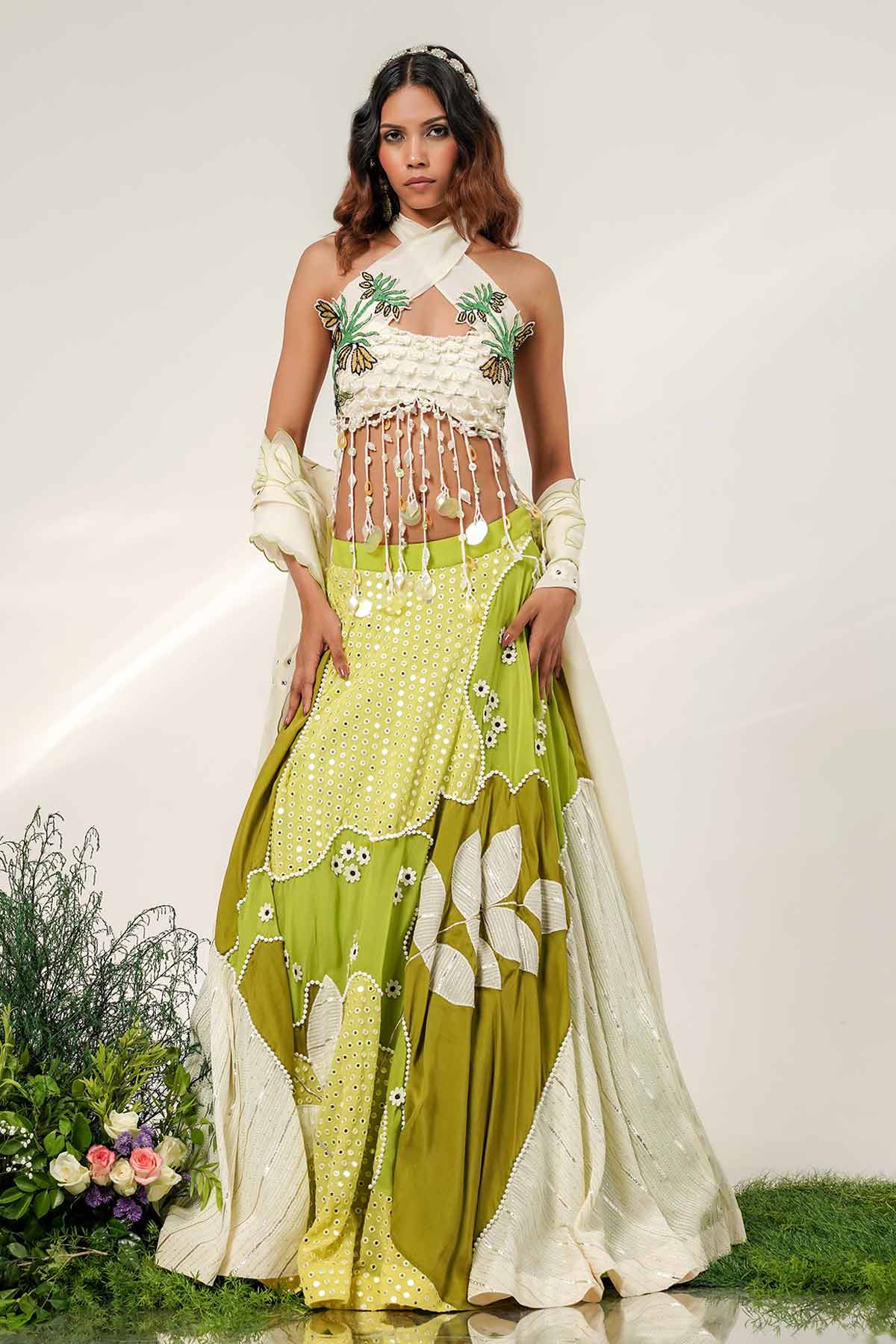 Olive Ivory Texture Lehenga Set