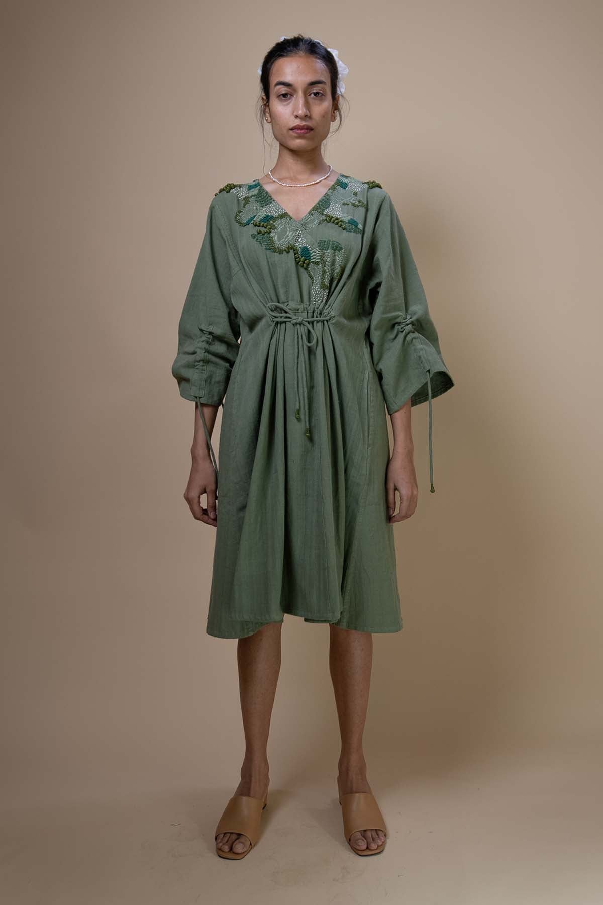 Buy Olive Kala Cotton Ruched Dress by Lafaani for women online at ScrollnShops