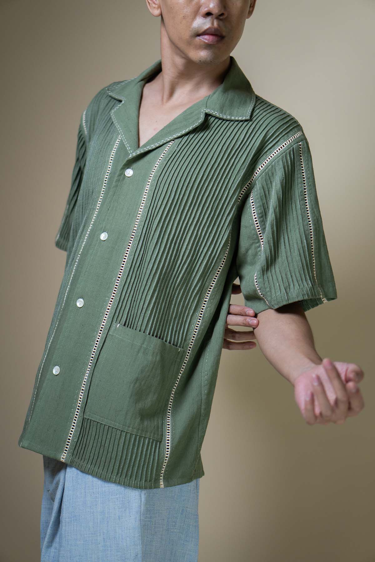 Olive Kantha Cuban Collar Shirt