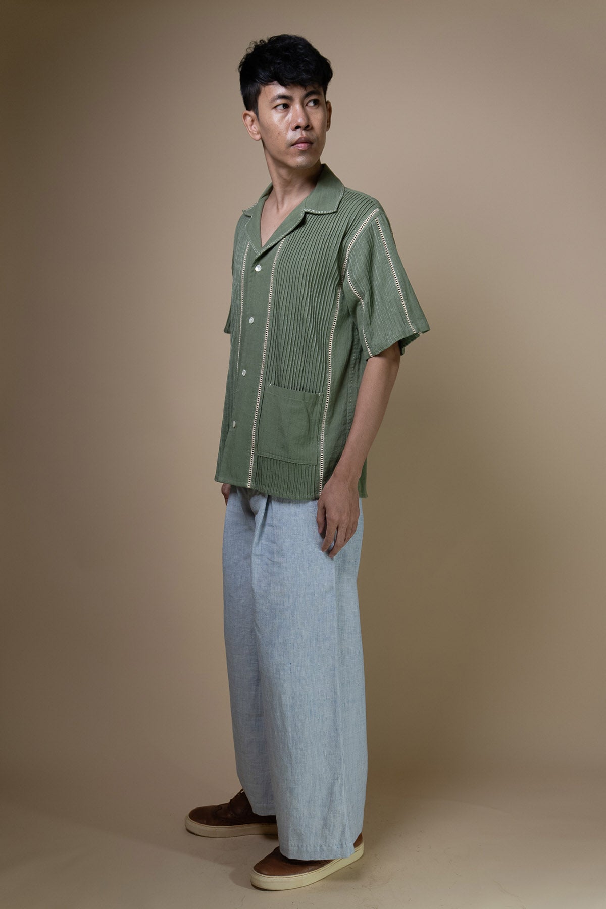 Olive Kantha Cuban Collar Shirt