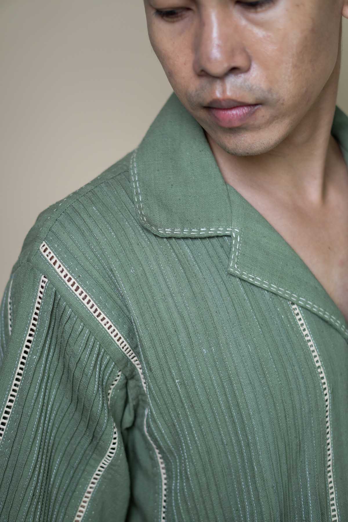 Olive Kantha Cuban Collar Shirt