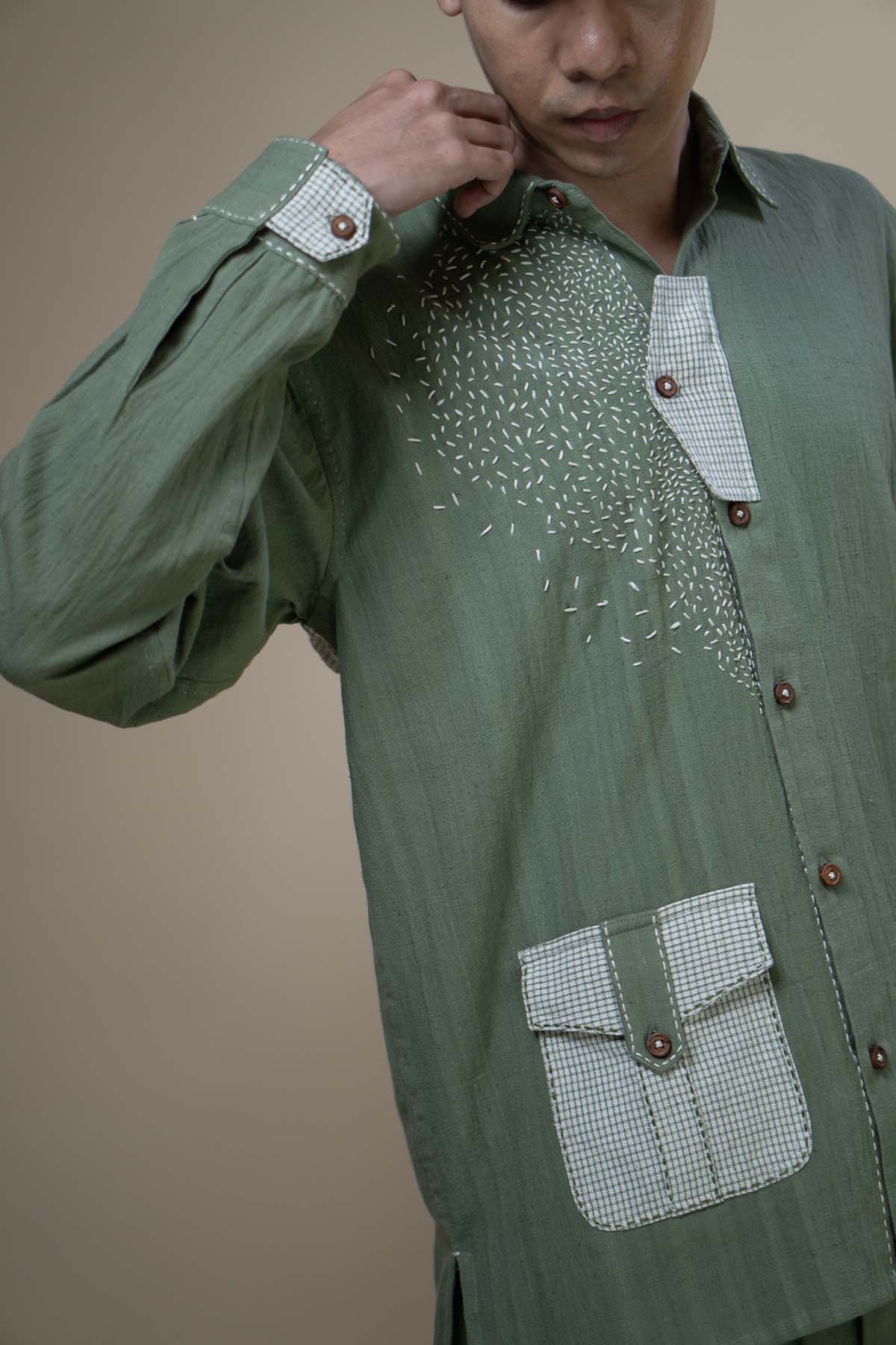 Olive Kantha Embroidered Shirt