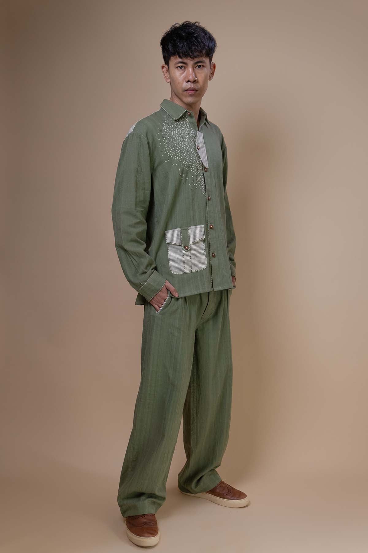 Olive Kantha Embroidered Shirt