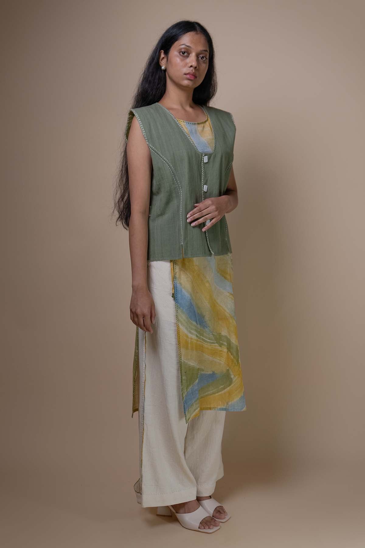 Buy Olive Kantha Embroidered Vest by Lafaani for women online at ScrollnShops