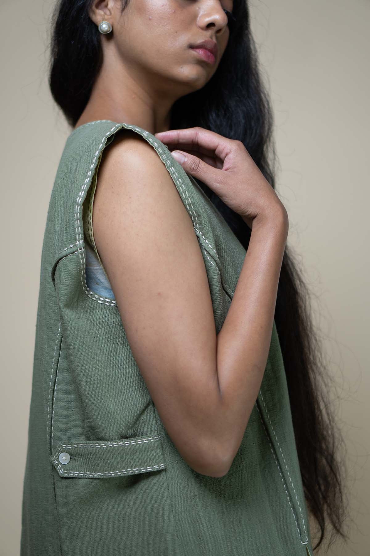 Olive Kantha Embroidered Vest